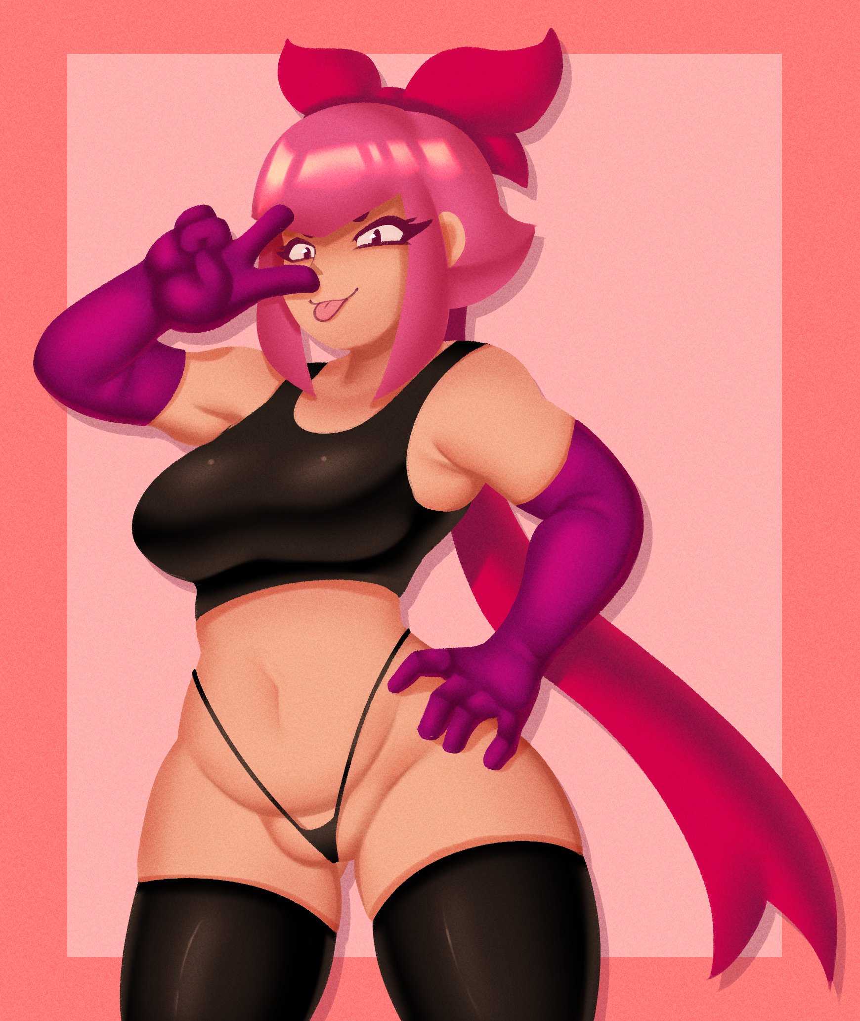 1girls, ass, ass visible through thighs, big breasts, black bottomwear, black panties, black stockings, black thighhighs, black topwear, bottomwear, brawl stars, breasts, crop top, elbow gloves, eyelashes, female, female focus, female only, gloves, hair ribbon, hand on hip, light skin, light-skinned female, long gloves, melodie (brawl stars), micro panties, oofts, opera gloves, panties, partially clothed, peace sign, pink hair, red ribbon, ribbon, simple background, solo, solo female, stockings, string panties, tagme, tank top, textless, thick thighs, thighhighs, thong, thong panties, tongue, tongue out, topwear, v sign, wide hips