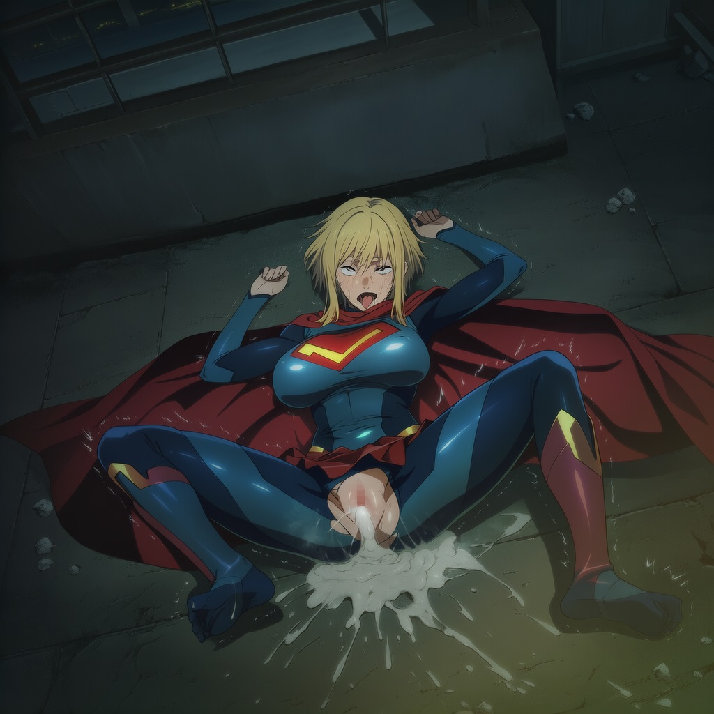 after rape, after sex, aftermath, ai generated, blonde, blonde female, blonde hair, blonde hair female, cum leaking out of pussy, cum puddle, dc, dc comics, exposed pussy, eyes rolled up, kara zor-el, my adventures with superman, overflowing cum, ripped crotch area, sole female, supergirl, supergirl (my adventures with superman), superheroine, superman (series), tongue out, too much cum, torn crotch, trembling