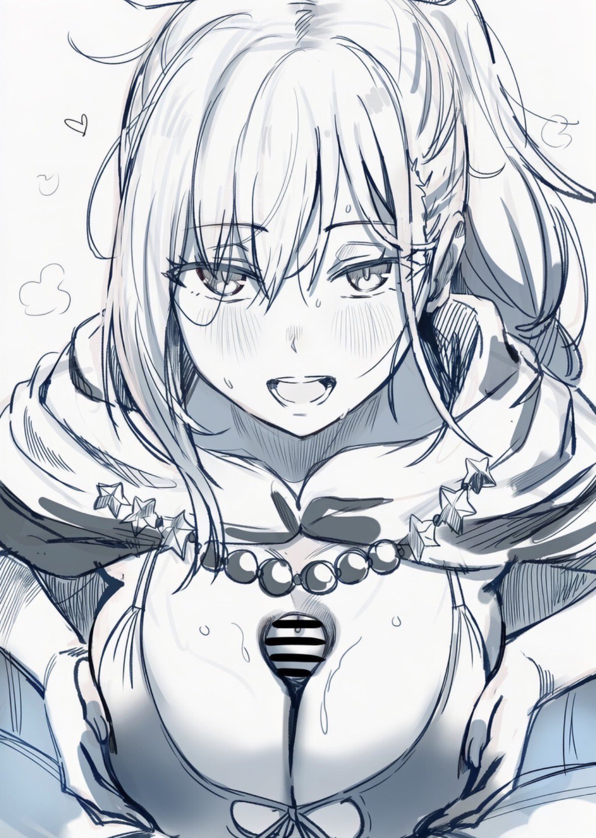 1boy, 1girl, absurdres, artist request, blush, breasts, cape, commentary, english commentary, hetero, highres, hood, hooded cape, large breasts, long hair, looking at viewer, monochrome, paizuri, penis, pov, pov crotch, re:zero kara hajimeru isekai seikatsu, shaula (re:zero), sketch, smile, solo focus, uncensored, unfinished
