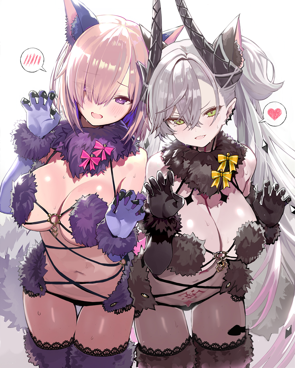 2girls, animal ears, bare shoulders, black gloves, black panties, black thighhighs, blush, body markings, bow, breasts, cleavage, commentary request, cosplay, crossed bangs, demon girl, demon horns, ear piercing, elbow gloves, fate (series), fate/grand order, fur collar, fur trim, fur-trimmed gloves, fur-trimmed thighhighs, gloves, green eyes, grey hair, hair between eyes, hair over one eye, highres, horns, lace, lace trim, lace-trimmed thighhighs, large breasts, lilith (fate), long hair, looking at viewer, mash kyrielight, mash kyrielight (dangerous beast), mash kyrielight (dangerous beast) (cosplay), multiple girls, navel, o-ring, open mouth, panties, piercing, pink hair, pointy ears, purple eyes, purple gloves, purple thighhighs, shino (eefy), short hair, smile, stomach tattoo, tail, tattoo, thighhighs, thighs, twintails, underwear, very long hair, wolf ears, wolf tail, womb tattoo
