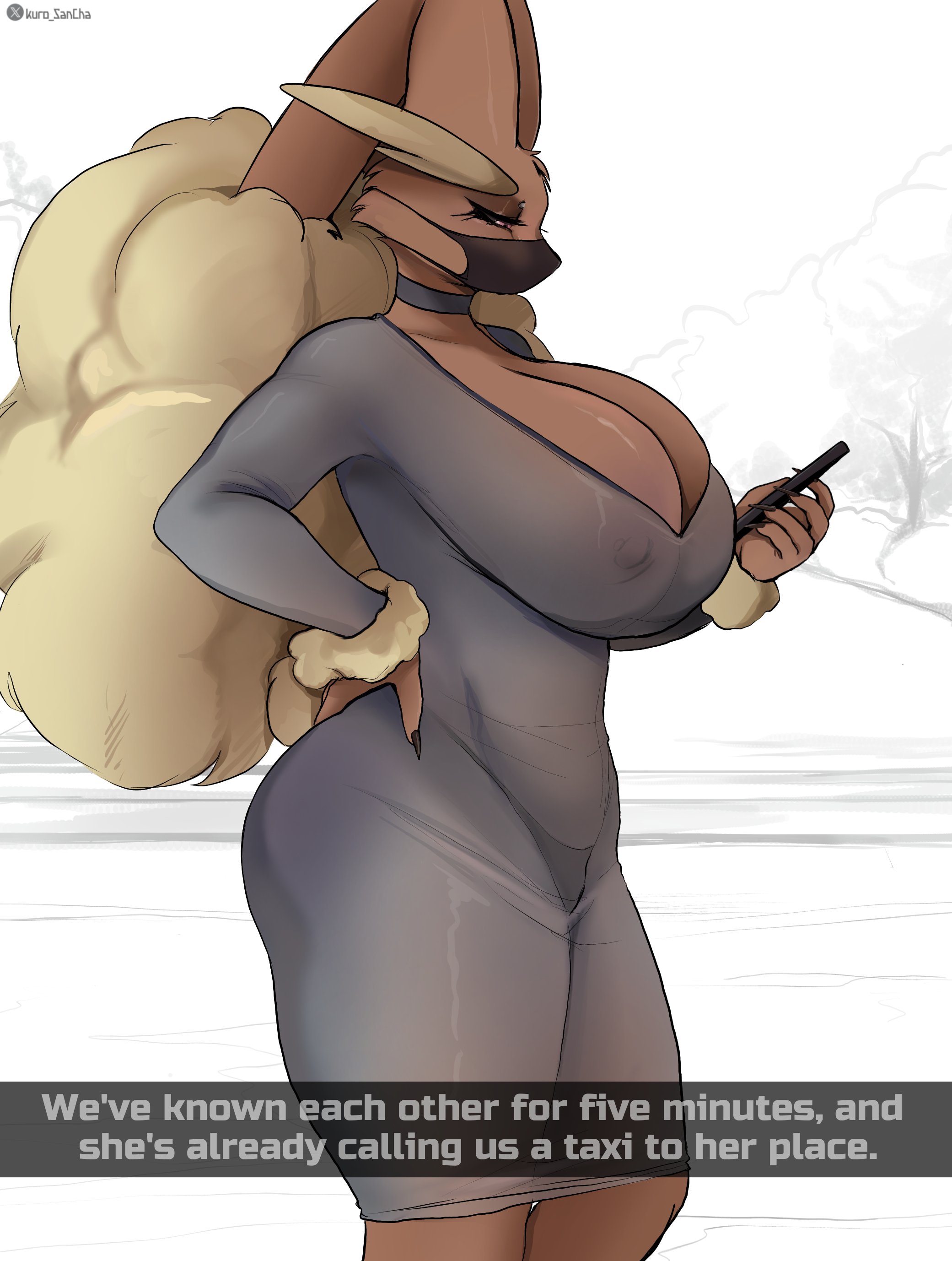 1girls, 2026, anthro, big breasts, biped, breasts, brown body, cellphone, clothed, clothing, dialogue, digital media (artwork), dongtan dress, dress, electronics, english text, eyelashes, female, female anthro, female only, generation 4 pokemon, grey clothing, grey dress, hand on hip, hi res, holding cellphone, holding object, holding phone, huge breasts, kuro sancha, lopunny, mask, nintendo, phone, pokemon, pokemon (species), pupils, snapchat, solo, standing, text, thick thighs, tight clothing, tight dress, very high resolution
