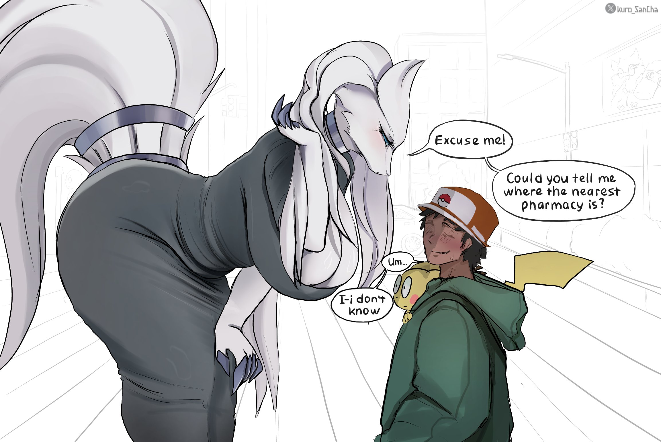 1boy, 1girls, anthro, bent over, big breasts, biped, breasts, clothed, clothing, dialogue, english text, female, female anthro, generation 1 pokemon, generation 5 pokemon, group, hi res, human, kuro sancha, larger female, larger male, legendary pokemon, male, mammal, nintendo, pikachu, pokemon, pokemon (species), reshiram, size difference, smaller human, smaller male, speech bubble, tail, text, trio, white body
