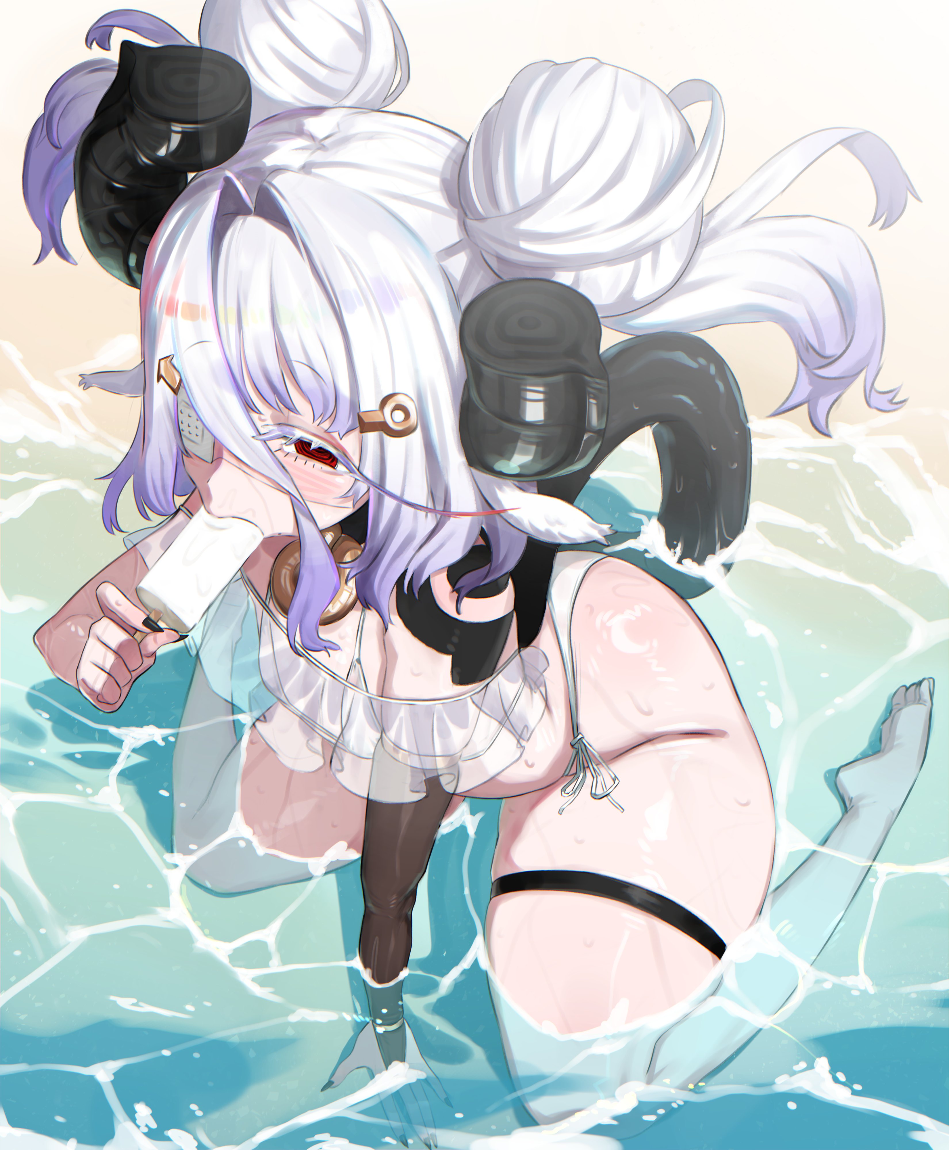 1boy, 2d, agneia (sunsal), ass, beach, bikini, eyepatch, femboy, feminine male, hair over one eye, light skin, light-skinned male, original, original character, popsicle, sunsal, tagme, thick thighs, thighs, water, white hair