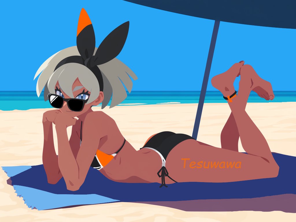 1girl, artist request, ass, barefoot, bea (pokemon), beach, beach towel, bikini, black hairband, breasts, butt crack, dark skin, day, feet, feet up, grey hair, gym leader, hairband, legs up, looking at viewer, looking over eyewear, looking over sunglasses, lying, ocean, on stomach, pokemon, short hair, small ass, small breasts, soles, solo, sunglasses, swimsuit, the pose, tinted eyewear, toes, towel