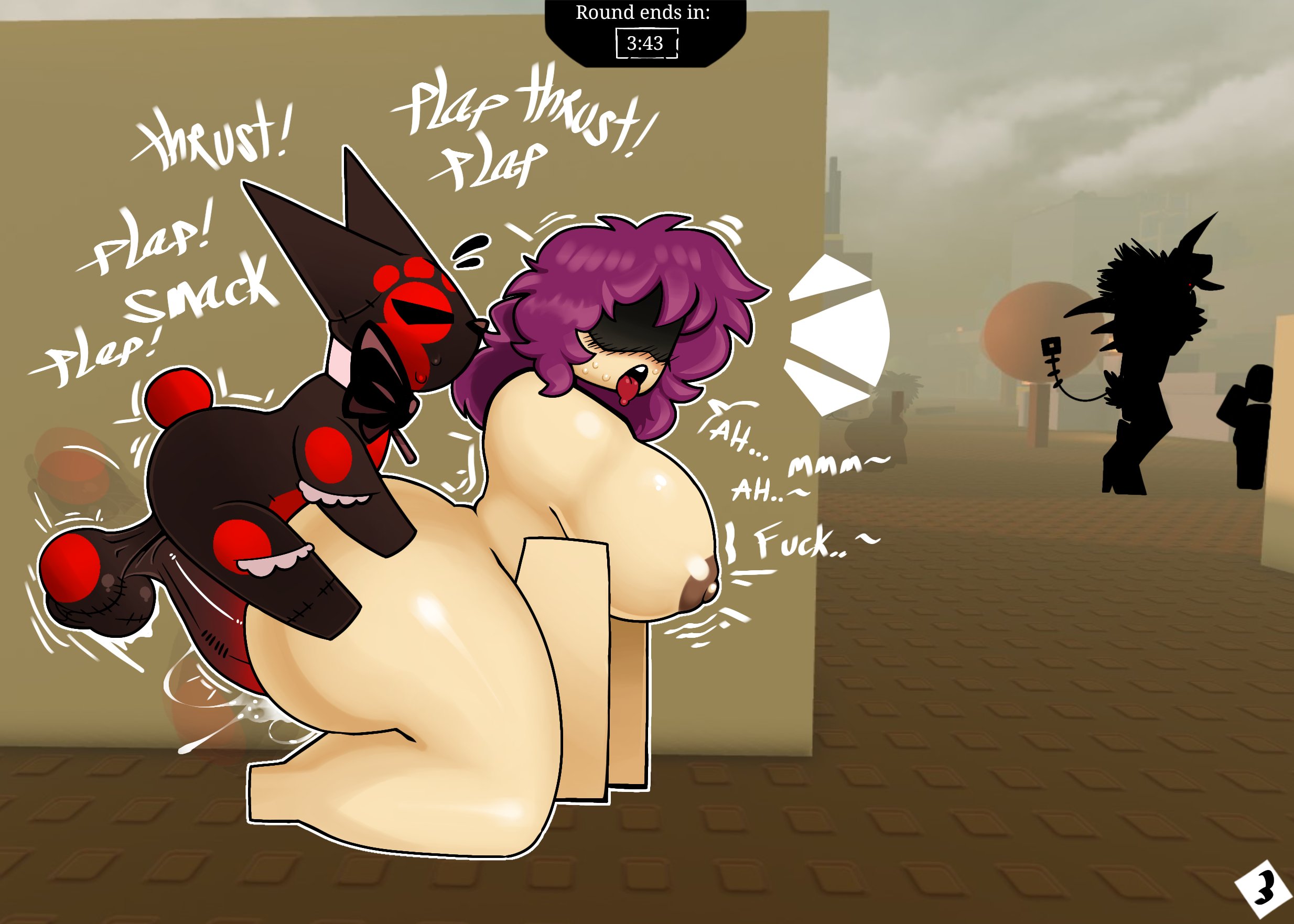 1boy, 1girls, 2026, artist self-insert, big breasts, blocky body, breasts, completely naked, completely naked female, doggy style, forsaken (roblox), jane doe (forsaken), moaning, naked, naked female, nude, nude female, nude male, oc, onomatopoeia, open mouth, pink hair, roblox, roblox game, robloxian, smaller male, text, theevilpie