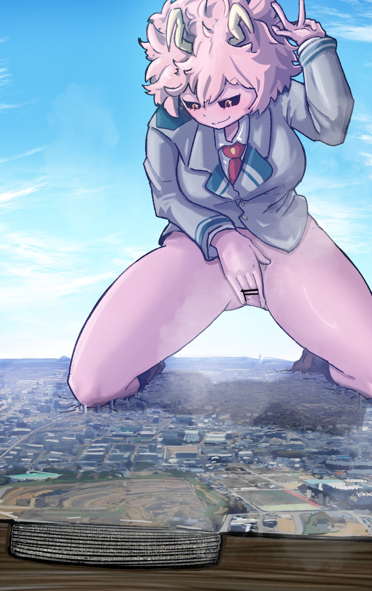 city, giantess, kneeling, macro, masturbating, masturbation, mina ashido, my hero academia, pink hair, pink skin, touching pussy, touching self