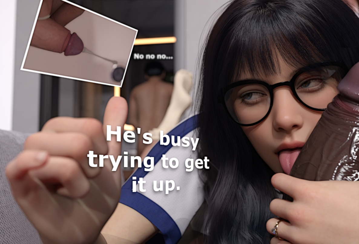 3d, bangs, caption, cock worship, cuckold, cum, dark hair, dark-skinned male, english text, erection, flaccid, glasses, hdr ntrgirl, hdregrets, interracial, large penis, licking penis, light-skinned female, mocking, netorare, orgasm, penis, penis size comparison, penis size difference, premature ejaculation, round glasses, size comparison, size difference, socks, text, tongue, tongue out, virility difference, wedding ring, wife