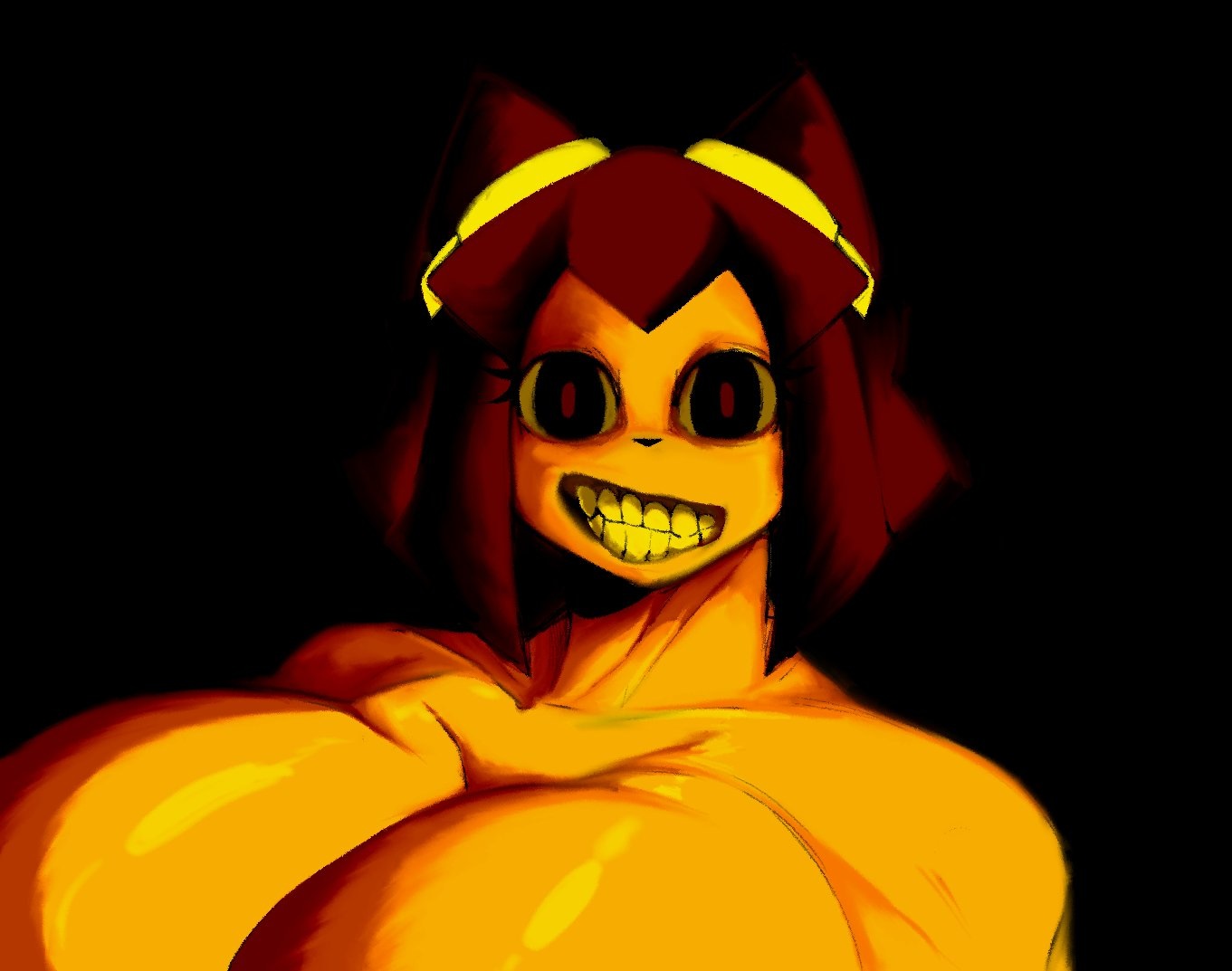 1girls, anthro, big breasts, breasts, brown hair, creepy face, creepy smile, creepypasta, domestic cat, felid, feline, felis, female, gameoverse, glitch productions, hair, kit (gameoverse), kit bodega, mammal, open mouth, open smile, pegaka (artist), scary, seminal kit, seminal kit.txt, simple background, smile, solo, teeth
