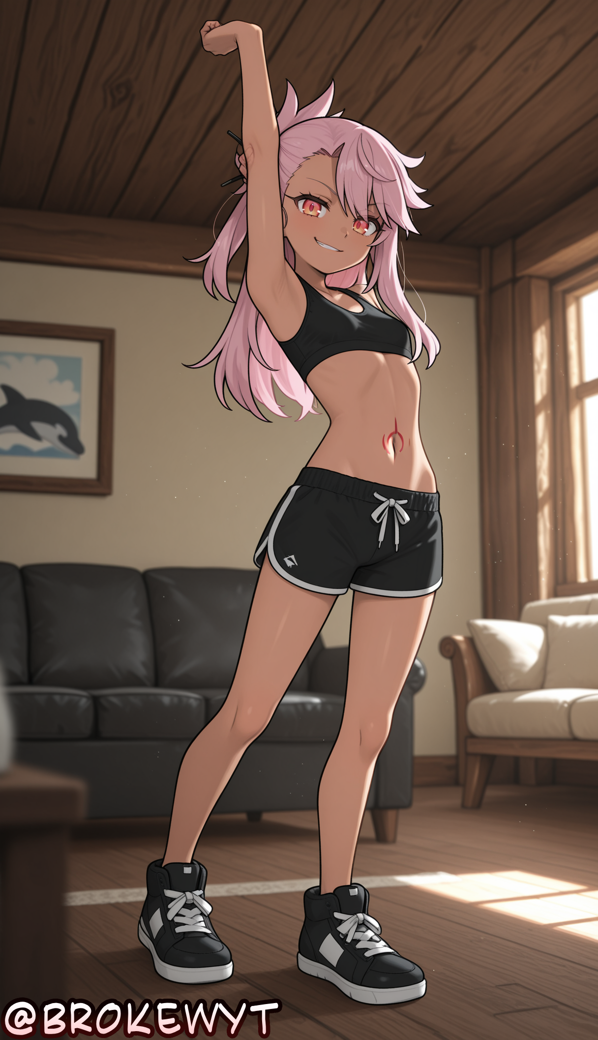 1girl, ai generated, arm up, armpits, bangs, black footwear, black shorts, blush, breasts, brokewyt, chloe von einzbern, couch, dark skin, dark-skinned female, dolphin shorts, fate (series), fate/grand order, fate/kaleid liner prisma illya, full body, grin, hi res, high quality, high resolution, highres, indoors, long hair, looking at viewer, midriff, navel, orange eyes, pink hair, shoes, short shorts, shorts, small breasts, smile, sneakers, solo, sports bra, standing, stomach tattoo, stretching, tattoo, uncensored, watermark, window