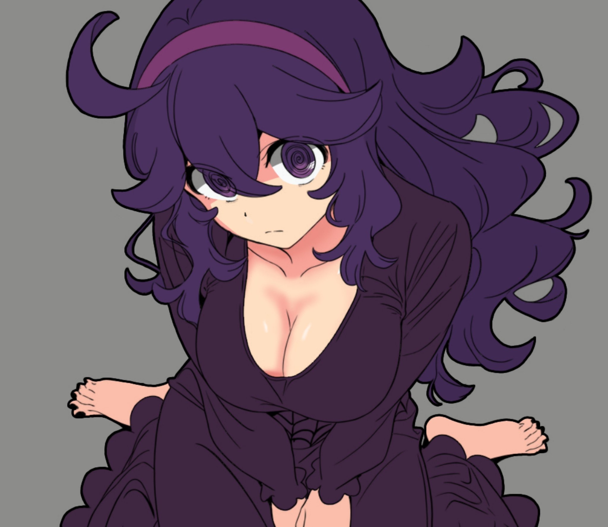 1girl, barefoot, breasts, hex maniac, hex maniac (pokemon xy), light skin, light-skinned female, long hair, looking at viewer, messy hair, nintendo, npc trainer, pokemon, pokemon xy, purple dress, purple eyes, purple hair, solo, solo female