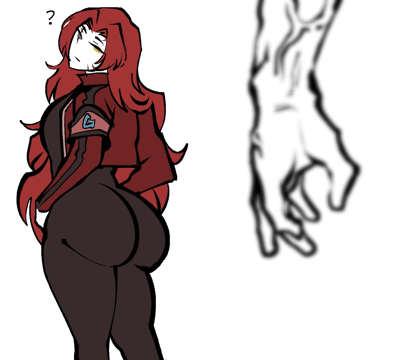?, 1boy, 1girls, 2d, ass, big ass, clothed, digital media (artwork), eclipseecliptus, female, gebura (lobotomy corporation), hair, jacket, lobotomy corporation, long hair, looking at another, male, overalls, project moon, red hair, scar, simple background, veiny hands, video games, white background, white skin