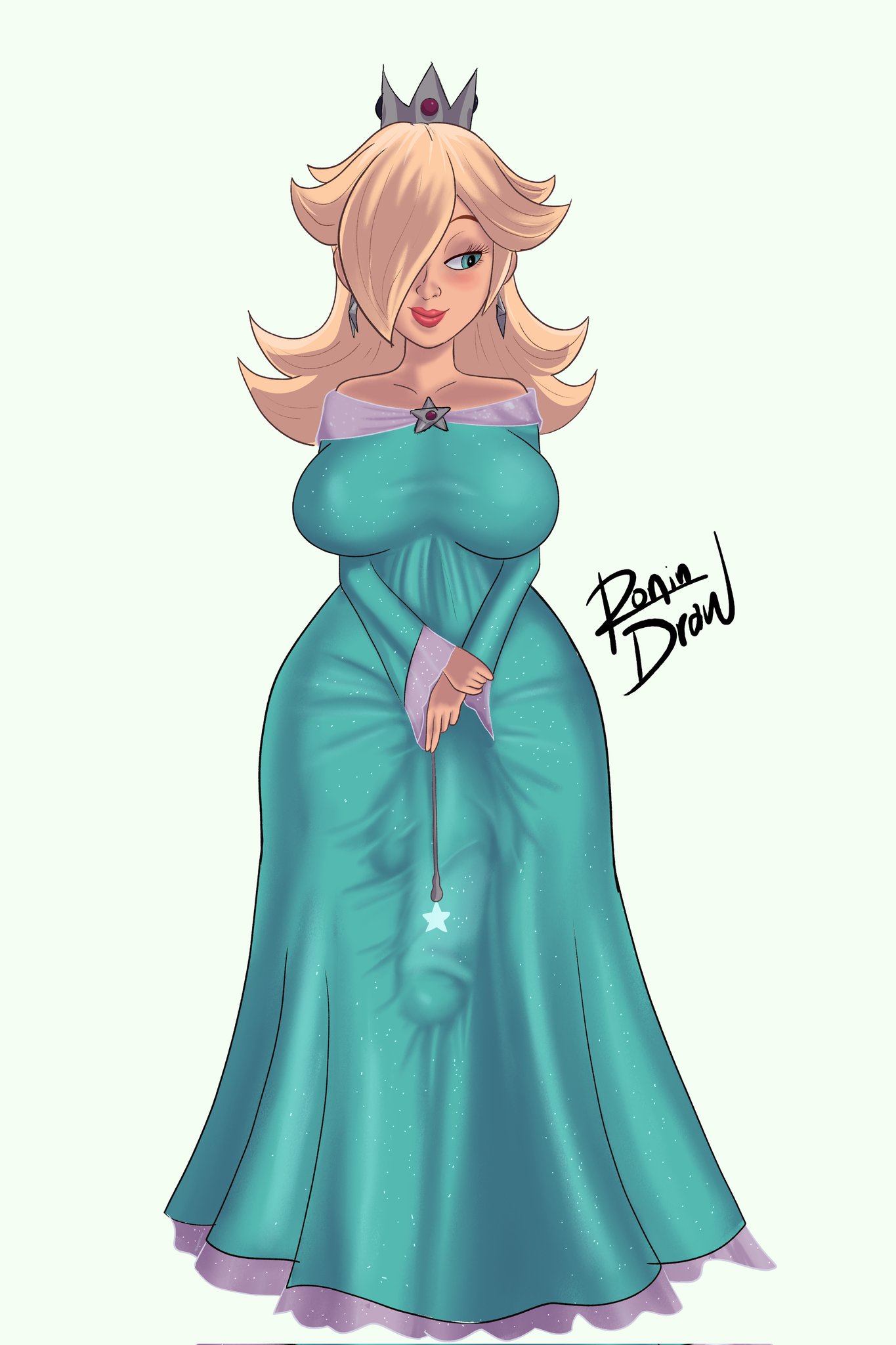1futa, 2d, bare shoulders, big breasts, big penis, blonde hair, breasts, bulge, bulge down leg, bulge through clothing, busty, crown, curvy, dress, earrings, erection, erection under clothes, erection under dress, full body, futa focus, futa only, futanari, hair over one eye, half-closed eyes, hourglass figure, hung, hung futa, illumination entertainment, light skin, light-skinned female, lips, lipstick, long hair, long penis, long sleeve dress, long sleeves, makeup, mario (series), nintendo, penis, penis bulge, penis under clothes, penis under dress, pink lipstick, platinum blonde hair, princess rosalina, princess rosalina (movie), ronindraw, rosalina bulge (meme), see-through, see-through clothing, solo, standing, star earrings, strapless dress, super mario galaxy (2026 film), tenting, wide hips