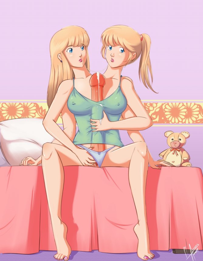 2_heads 2girls access accessworld barefoot blonde blonde_futa blonde_futanari blonde_hair blonde_hair_futa blue_eyes blush breasts conjoined cum cum_in_mouth earrings erection feet futanari intersex large_penis looking_at_viewer masturbation multi_arm multi_head multi_limb multiple_girls nipples panties penis ponytail pussy tied_hair toenail_polish toenails toes undershirt what