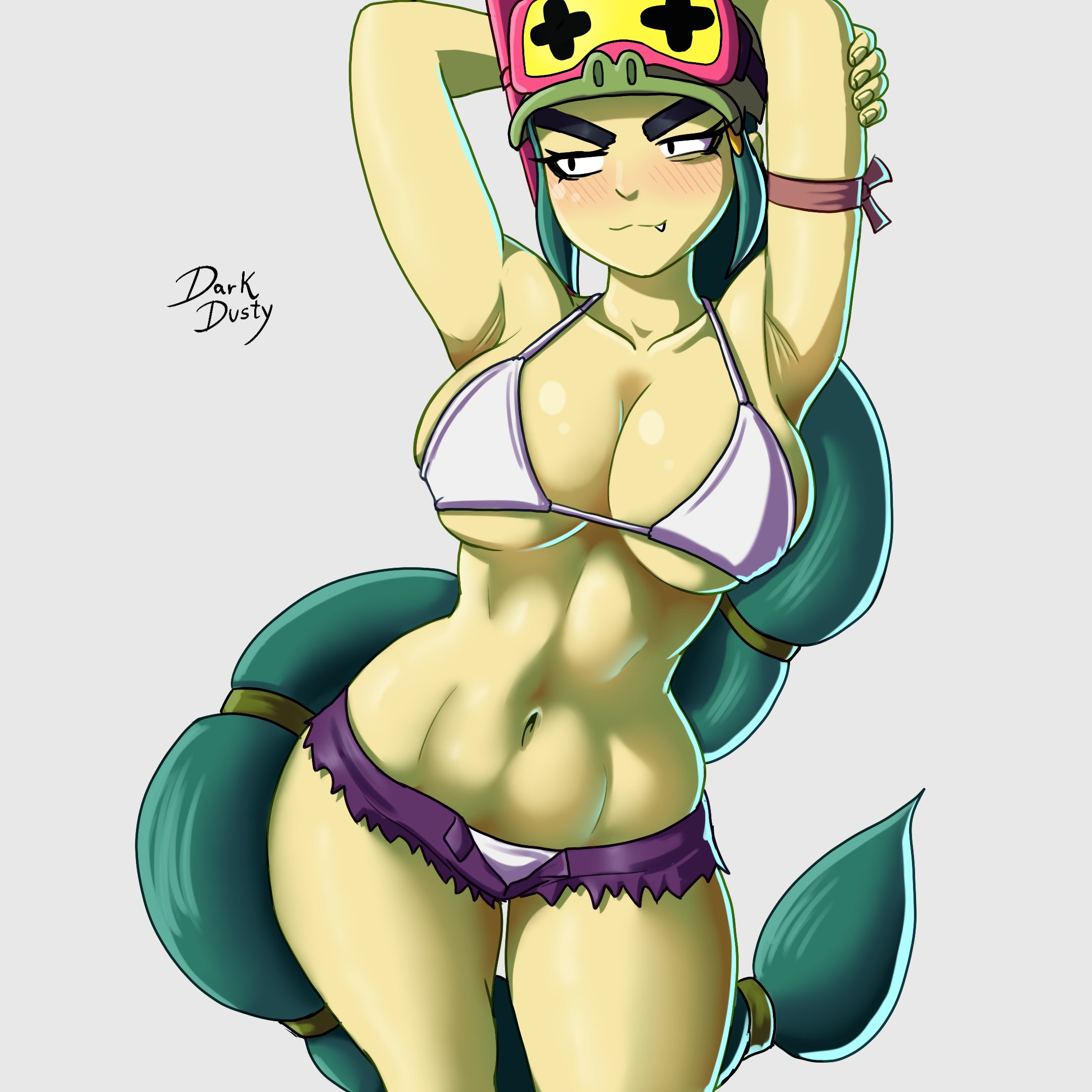 1girls, alli (brawl stars), armpits, arms up, bikini, bikini top, blush, brawl stars, breasts, cap, darkside bull, female only, fit, fit female, green hair, green skin, hat, headgear, large breasts, long hair, looking away, midriff, navel, posing, posing for the viewer, shorts, slim waist, solo, solo female, tagme, thick thighs, tied hair, voluptuous, wide hips