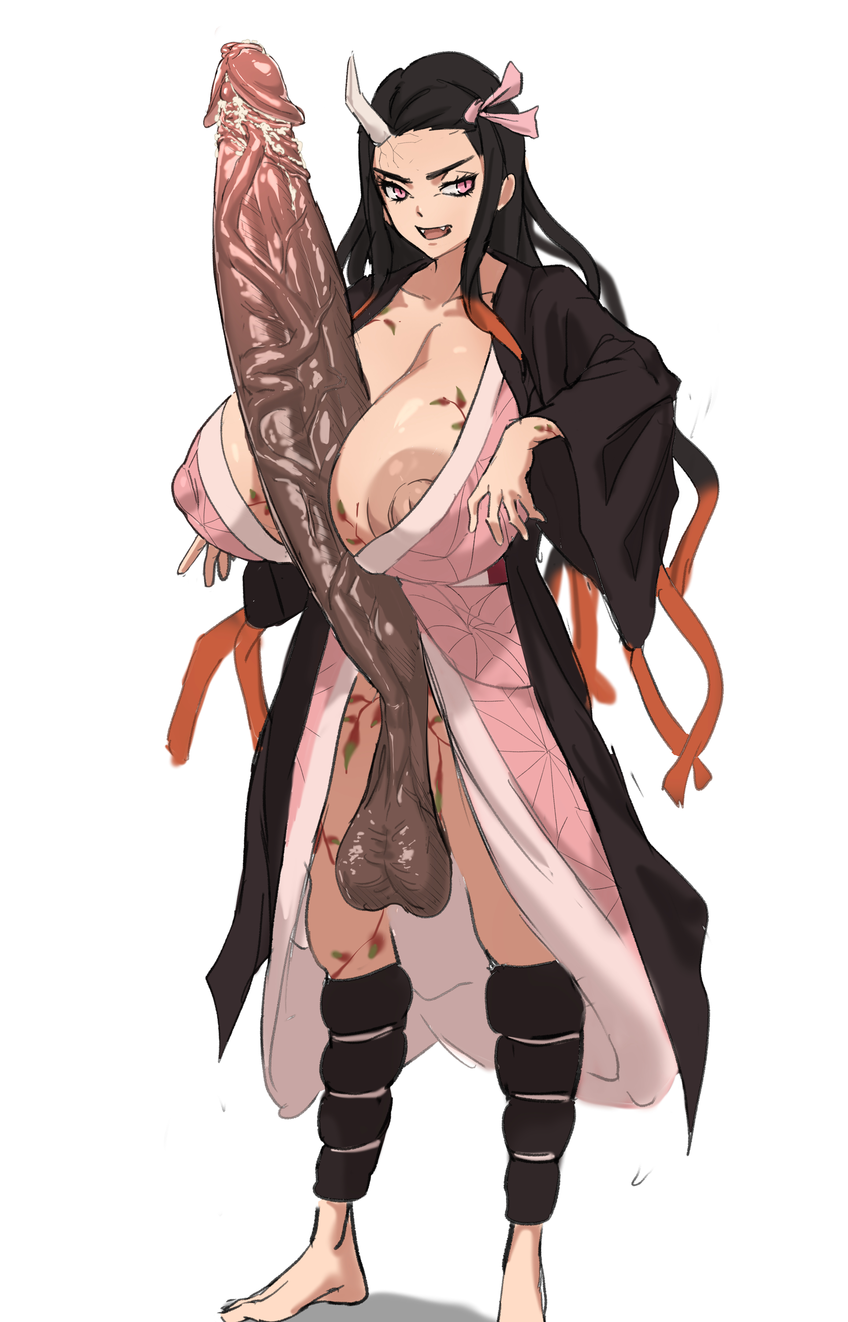 1futa, dark penis, demon, demon slayer, futa only, futanari, horn, huge breasts, huge penis, massive breasts, nezuko kamado, penis, pink eyes, precum, retracted foreskin, slit pupils, smegma, solo, standing, white background