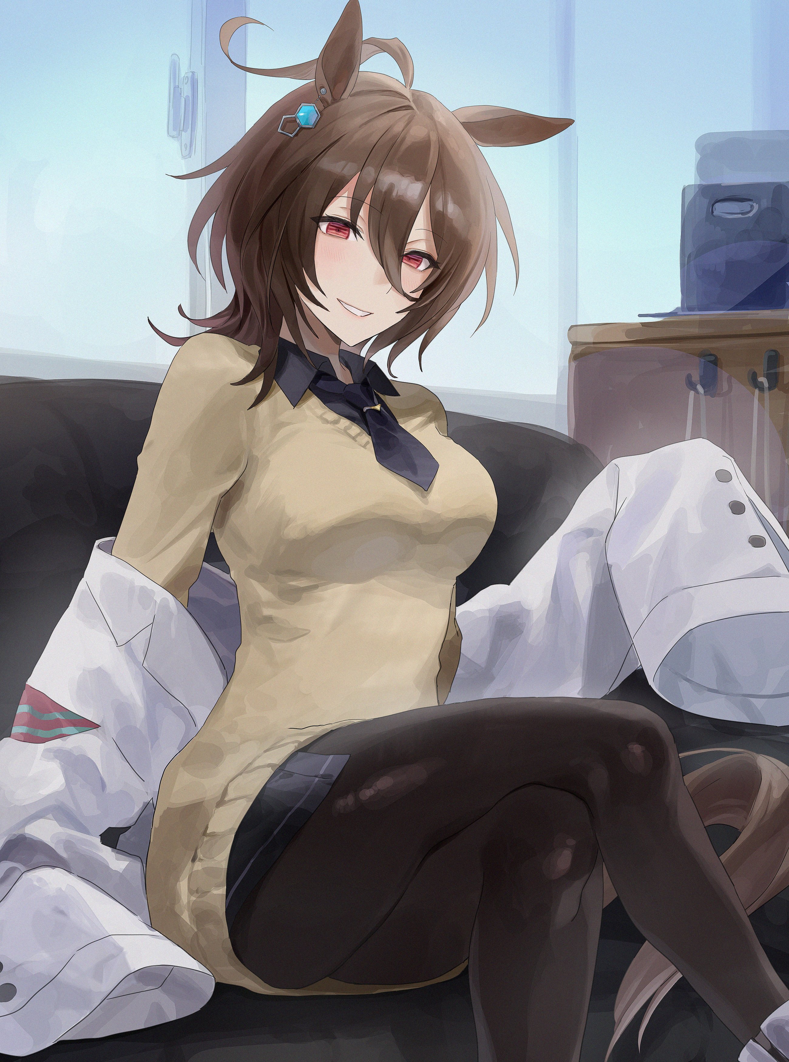 1girl, agnes tachyon (umamusume), animal ears, antenna hair, black legwear, breasts, brown hair, crossed legs, hair between eyes, indoors, jacket, long sleeves, looking at viewer, necktie, pantyhose, red eyes, shirt, short hair, sitting, smile, solo, sweater, umamusume