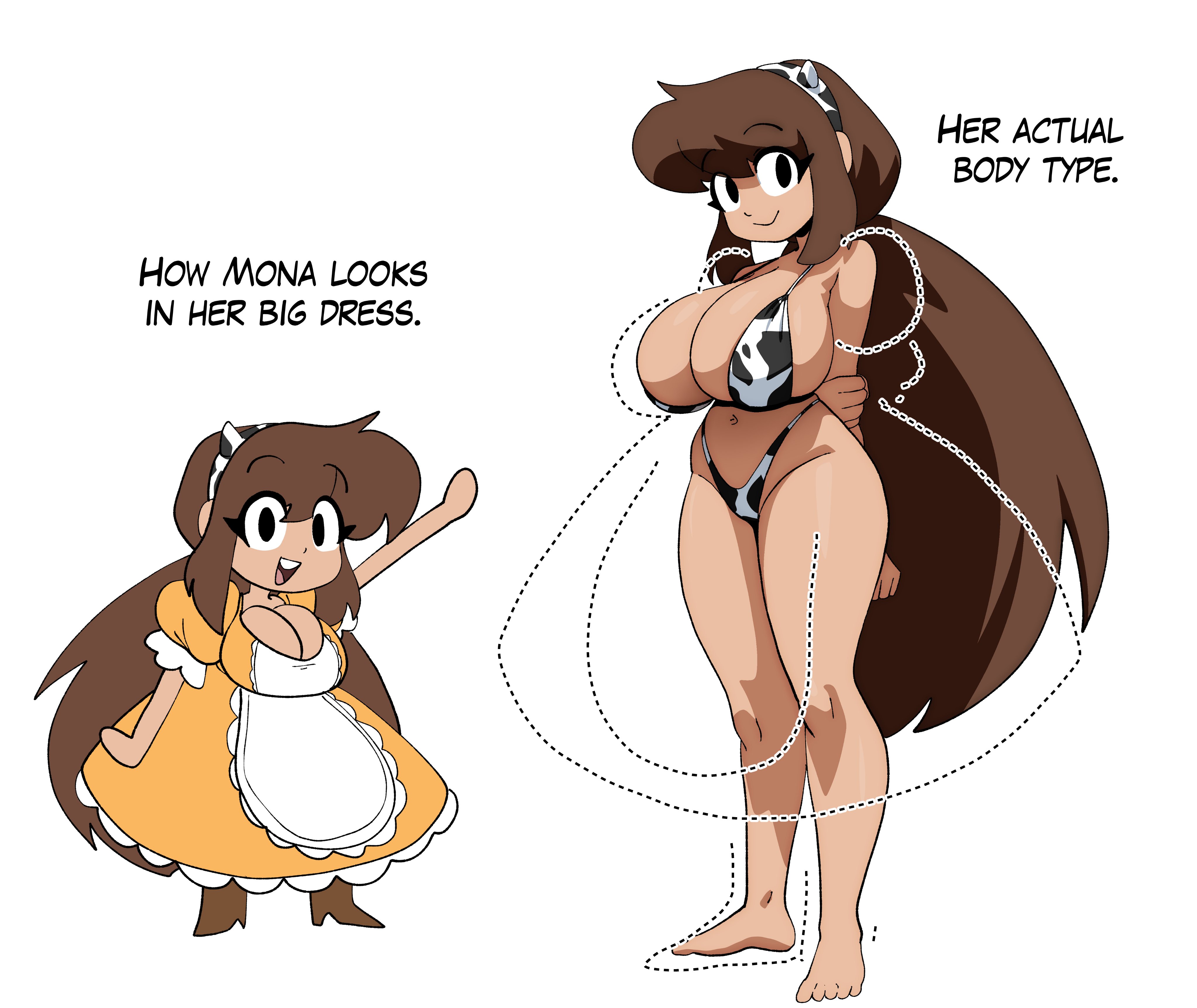 1girls, aged up, alternate breast size, animal print, apron, arms behind back, barefoot, bikini, black eyes, boots, breasts, brown hair, character age, character name, chibi, cleavage, clothing, comparison, coolerinker, cow horns, cow print, cow print bikini, curvy, dark skin, dress, dual persona, english text, female, full body, hairband, highleg, highleg bikini, huge breasts, inker comics, inkershike, large breasts, long hair, looking at viewer, maid, maid headdress, mona (inker comics), multiple views, open mouth, print bikini, puffy short sleeves, puffy sleeves, short sleeves, sidelocks, simple background, smile, standing, swimsuit, tiger print, very long hair, white apron, white background, yellow dress