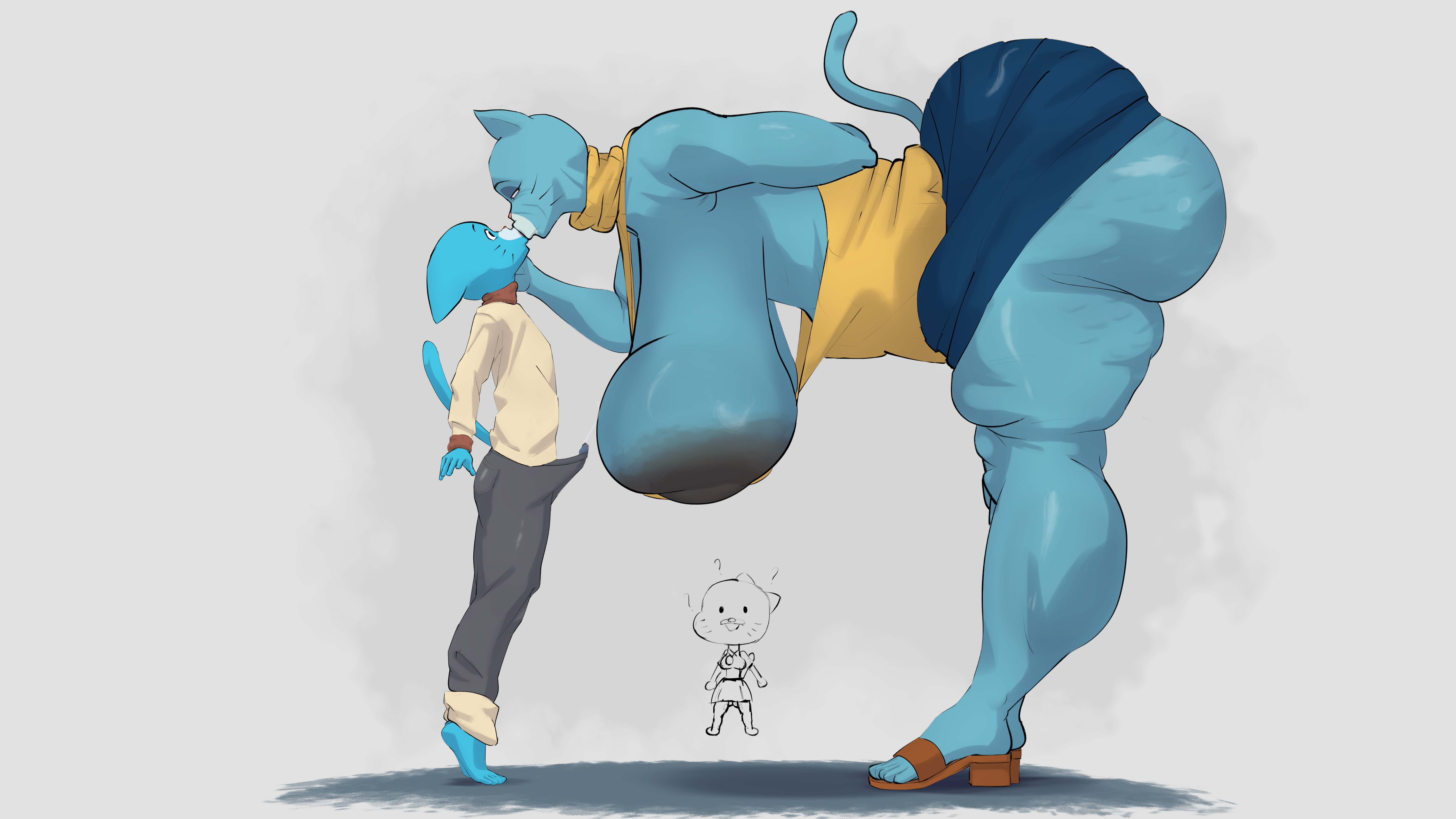 absurd res, age difference, anthro, areola, ass, bent over, big areola, big ass, big breasts, blotchy areola, blue body, blue fur, bodily fluids, breasts, brown areola, brown nipples, cartoon network, caught in the act, clothing, confusion, curvy figure, domestic cat, dripping, duo, elderly anthro, elderly female, erection, eyebrows, eyelashes, fat ass, felid, feline, felis, female, fur, genital fluids, genitals, gilf, grandchild (lore), grandmother (lore), grandmother and grandchild (lore), grandmother and grandson, grandmother and grandson (lore), grandparent (lore), grandparent and grandchild (lore), grandson (lore), gumball watterson, hand behind back, hand on cheek, hi res, huge ass, huge breasts, incest (lore), kissing, larger female, lazyisopod, leaking precum, looking at another, male, male/female, mammal, mary senicourt, mature female, milf, mother (lore), nicole watterson, nipples, older anthro, older female, parent (lore), penis, pink nose, precum, precum drip, simple background, size difference, smaller male, standing, tail, tenting, the amazing world of gumball, thick thighs, tiptoes, voluptuous, whiskers, wide hips, young, young anthro, young male, younger male
