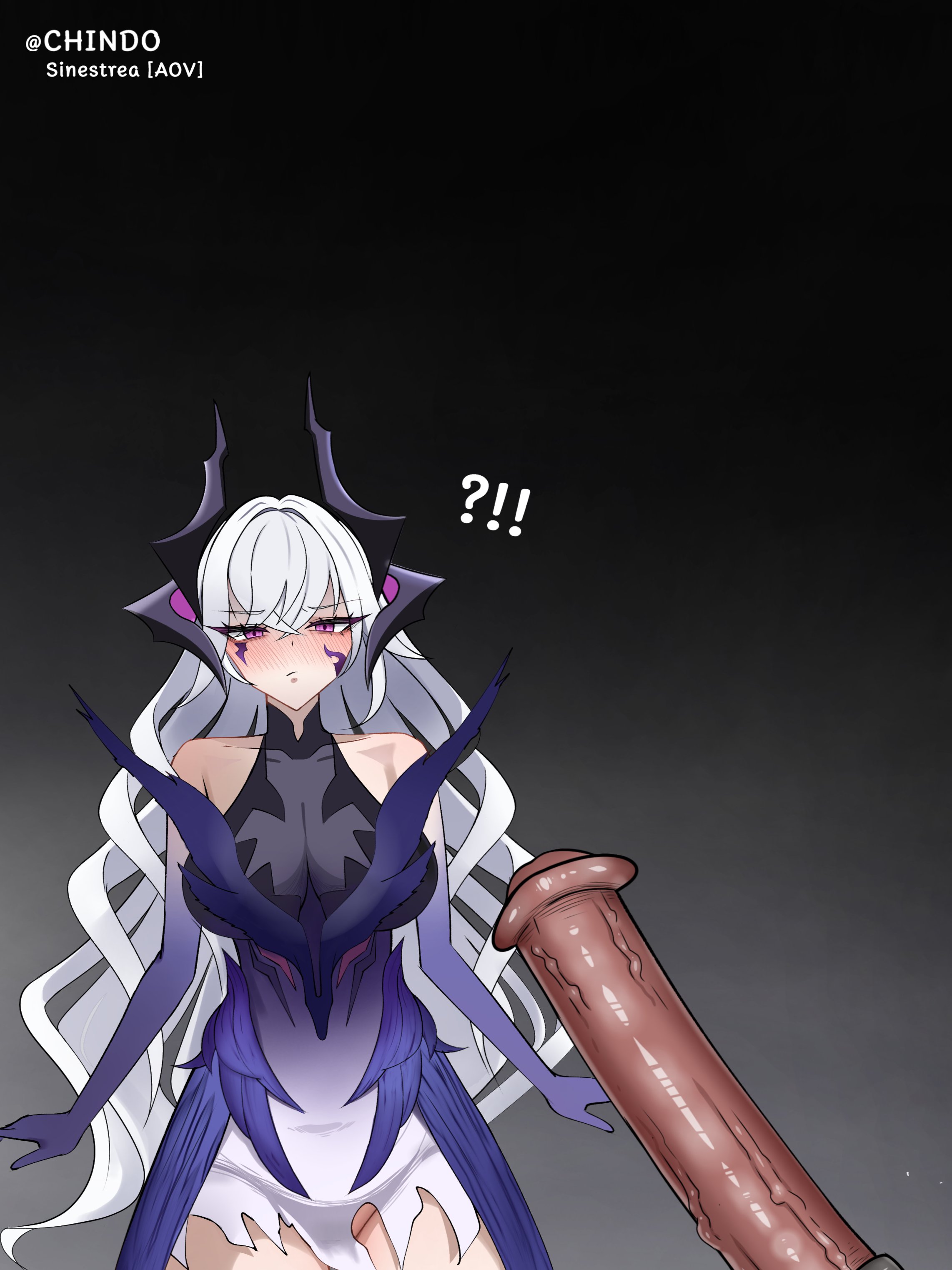 !, ?, 2d, arena of valor, bangs, big breasts, big penis, blush, chindoeiei, clothing, embarrassed, equine, eyeliner, female on feral, feral, feral on female, feral on human, hi res, horse, horsecock, huge cock, human, human female, human on feral, imminent bestiality, imminent sex, interspecies, large breasts, mascara, pale skin, pale-skinned female, purple eyes, sinestrea (arena of valor), surprised, uncensored, white hair, wide hips, zoophilia