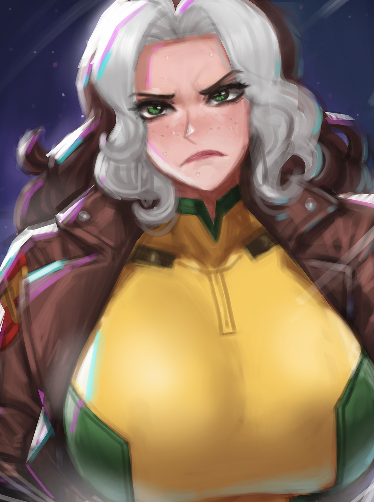 1girls, 2d, 2d (artwork), big breasts, breasts, breasts focus, clothed, female, female only, freckles, frown, frowning, fully clothed, green eyes, inde navarrette, kyopink, large breasts, looking at viewer, marvel, marvel rivals, meme, reference, rogue (marvel rivals), rogue (x-men), solo, solo female