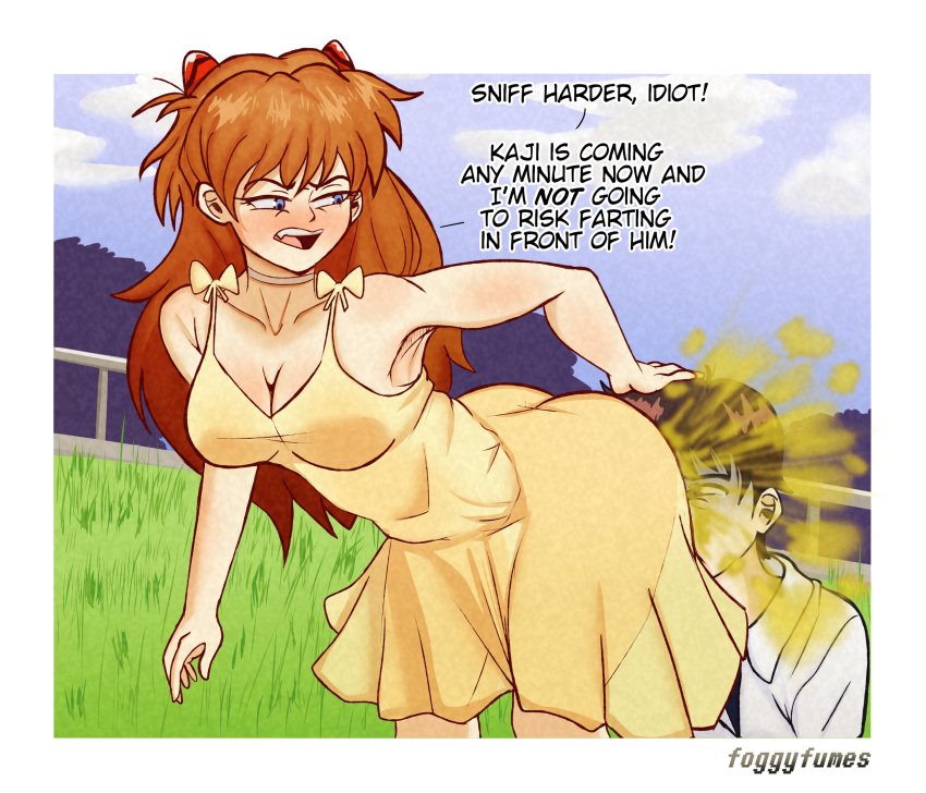 1boy, 1girls, ass bigger than head, asuka langley sohryu, fart, fart cloud, fart fetish, fart torture, farting, farting in face, farting on face, farts, foggyfumes, neon genesis evangelion, shinji ikari
