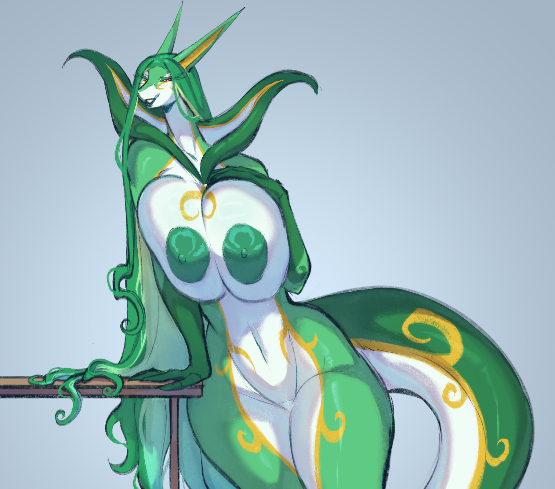 1girls, 2026, anthro, anthrofied, areola, big breasts, biped, breasts, digital drawing (artwork), digital media (artwork), featureless crotch, female, female anthro, female only, generation 5 pokemon, green areola, green body, green hair, green lipstick, green nipples, green skin, hair, hi res, huge breasts, lipstick, long hair, looking at viewer, makeup, markings, nintendo, nipples, nude, nude anthro, nude female, pokemon, pokemon (species), pokemorph, portrait, red eyes, reptile, scalie, serperior, shaded, smiling, smiling at viewer, snake, solo, standing, tail, thick tail, thick thighs, three-quarter portrait, toufucoo, white body, white breasts, white skin, wide hips, yellow markings
