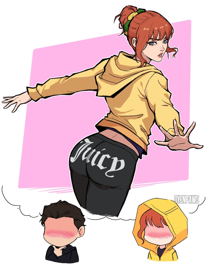 1boy, 1girls, 2026, 2d, 2d (artwork), 2d artwork, artist name, ass, back view, black, black hair, black pants, blush, english text, faceless, faceless female, faceless male, fanart, green eyes, hair bun, hair ornament, hair scrunchie, hand on own chin, hood, hood down, hood up, hoodie, jean grey, juicy ass, juicy butt, juicy couture, lips, looking back, marvel, marvel cinematic universe, marvel comics, orange hair, oyenpaws, pants, peter parker, sadie sink, scrunchie, speech bubble, spider-man, spider-man (series), spider-man: brand new day, thought bubble, tight clothes, tight pants, tom holland, yellow hoodie