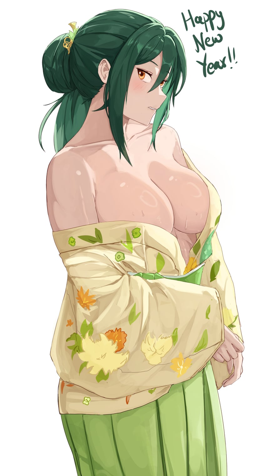  e v o n 0, 1girls, 2025, 2d, amber eyes, artist name, artist signature, bangs, bare shoulders, beautiful, big breasts, blush, blushing, busty, cleavage, clothed, clothes, clothing, color, colored, crusch karsten, curvaceous, curvy, curvy figure, female, female only, green hair, hair bun, hairpin, happy new year, hi res, japanese clothes, kimono, light skin, light-skinned female, looking at viewer, mostly clothed, new year, nipples covered, re:zero kara hajimeru isekai seikatsu, showing breasts, shy, side view, solo, solo female, standing, text, thighs up, traditional clothes, voluptuous, voluptuous female, white background