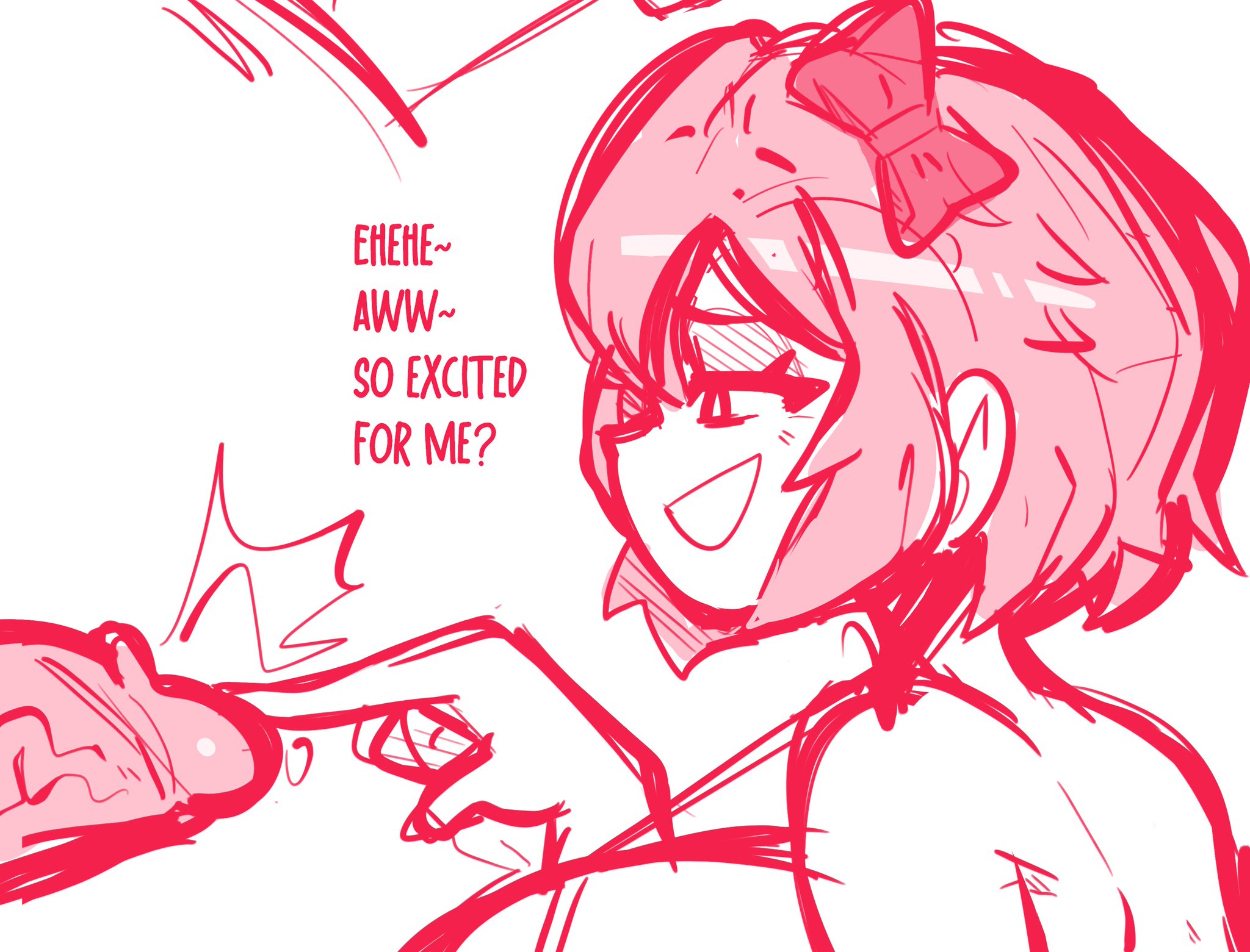coral pink hair, covered breasts, doki doki literature club, english text, female, imminent sex, large breasts, male, penis, red hair bow, sayori (doki doki literature club), short hair, sideboob, smiling at partner, teasing, teasing penis, text, unseen male face, uuforya, veiny penis