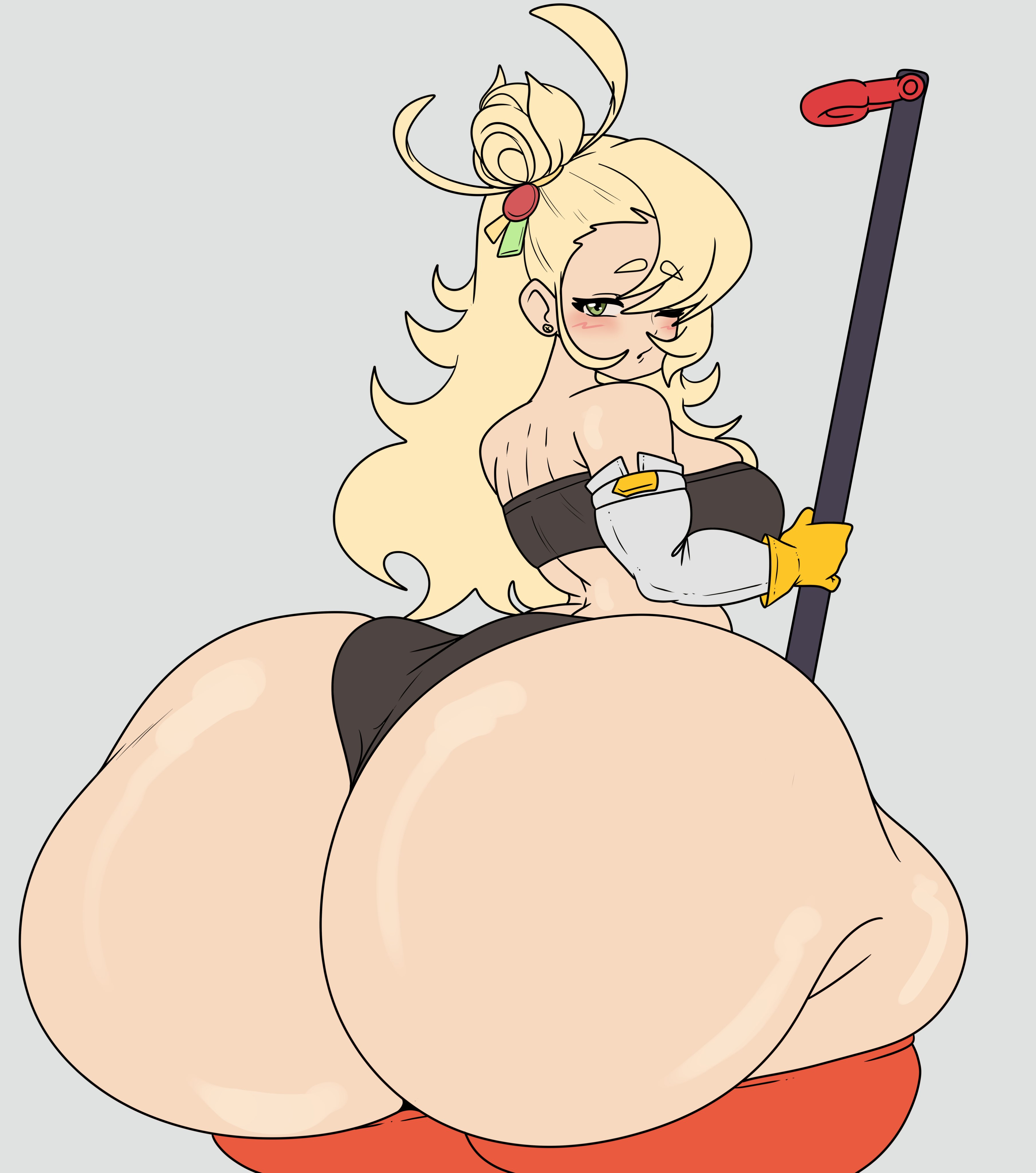 adapted costume, ass focus, blush, curvy, fat ass, gigantic ass, holding staff, huge ass, hyper, inakotho, large breasts, one eye closed, piper wheel, soft ass, thick hips, thick thighs, voluptuous, wide hips, zenless zone zero