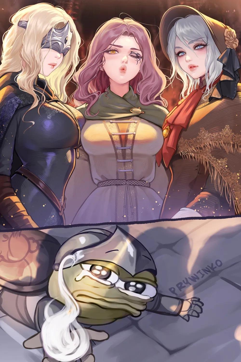 2d, 3girls, big breasts, bloodborne, bonnet, breast press, breasts, dark souls, dark souls 3, doll, dress, duckface, elden ring, female, fire keeper, fromsoftware, melina (elden ring), meme, meme request, multiple girls, pepe the frog, plain doll, prywinko, shawl