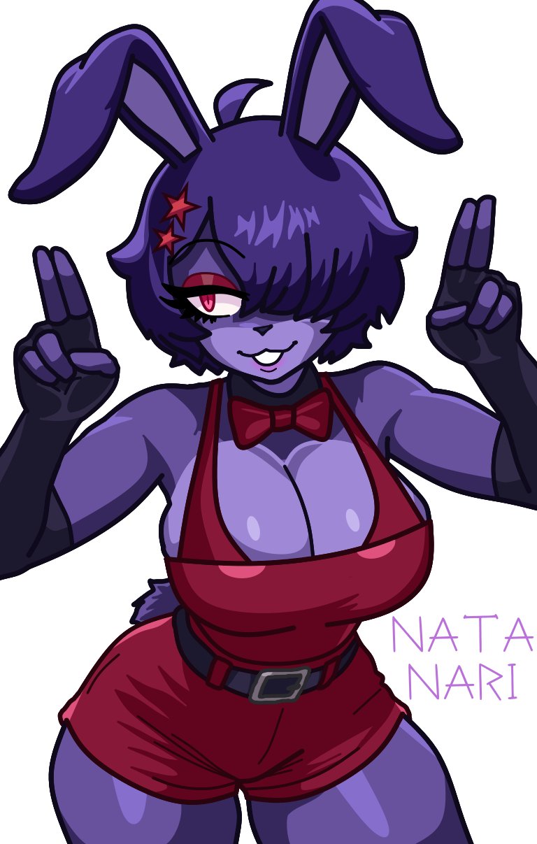 1girl, 1girls, artist request, bare shoulders, big breasts, bonfie, bonfie (cryptia), bonnie (cally3d), bonnie (fnaf), breasts, cleavage, female, five nights at freddy's, fredina's nightclub, gloves, grey background, hair over one eye, huge breasts, red eyes, short hair, smile, solo, solo female, star (symbol)