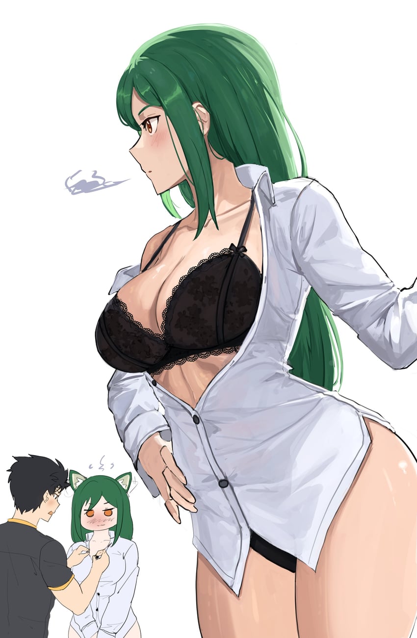  e v o n 0, 1boy, 1girls, 2024, 2d, abs, ai generated, amber eyes, bangs, big breasts, black bra, black panties, blush, blushing, breasts, busty, button down shirt, cat ears, cleavage, color, colored, crusch karsten, curvaceous, curvy, digital media (artwork), female, female focus, flustered, frills, green hair, hand on hip, hi res, large breasts, light skin, light-skinned female, lingerie, long hair, natsuki subaru, open shirt, panties, re:zero kara hajimeru isekai seikatsu, side view, thick thighs, thighs, voluptuous, white shirt, wide hips