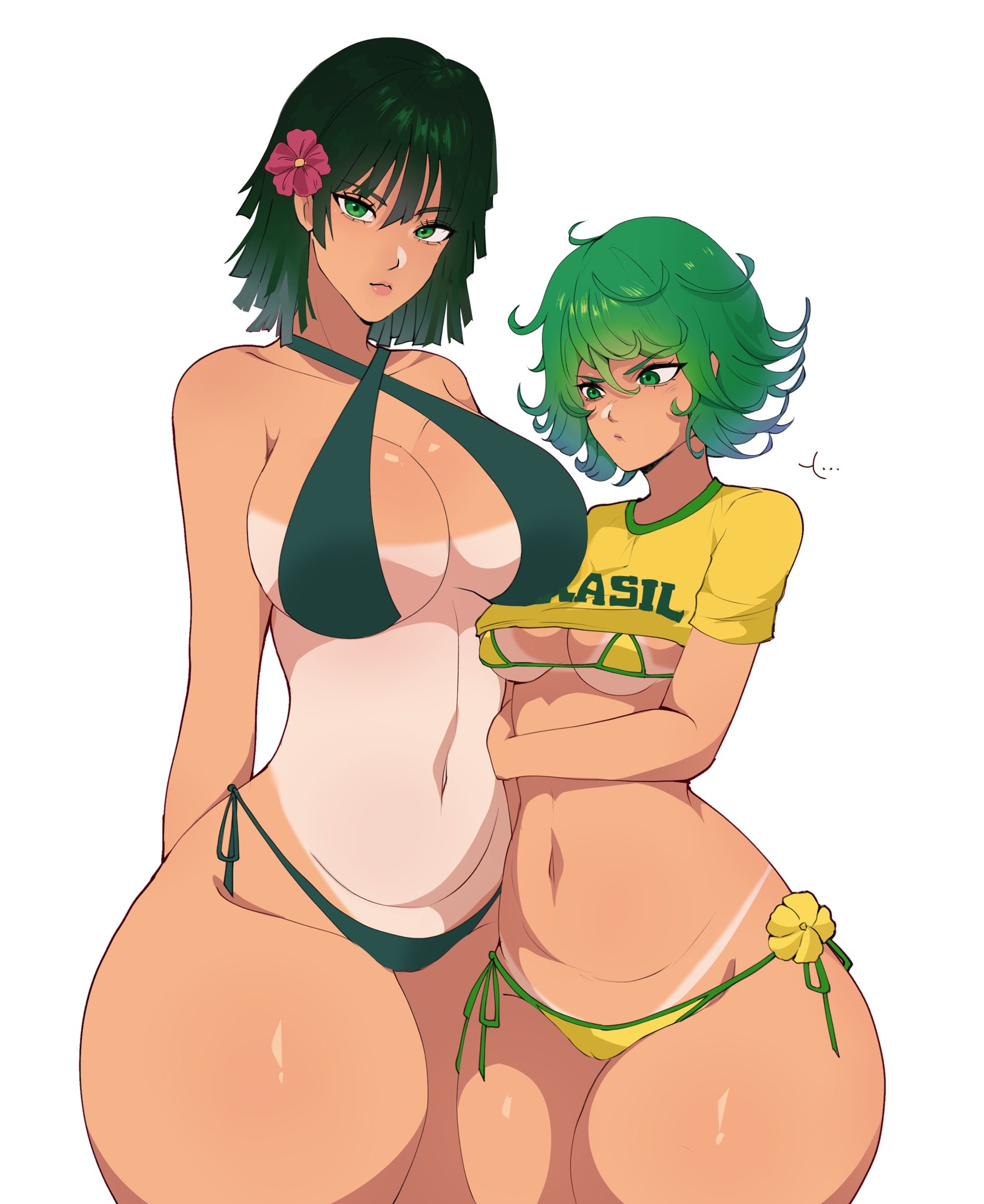2girls, artist request, bikini, breasts, cleavage, flower, fubuki (one-punch man), green eyes, green hair, hair flower, hair ornament, large breasts, looking at viewer, navel, one-punch man, short hair, siblings, side-tie bikini, sisters, swimsuit, tatsumaki, thick thighs, thighs