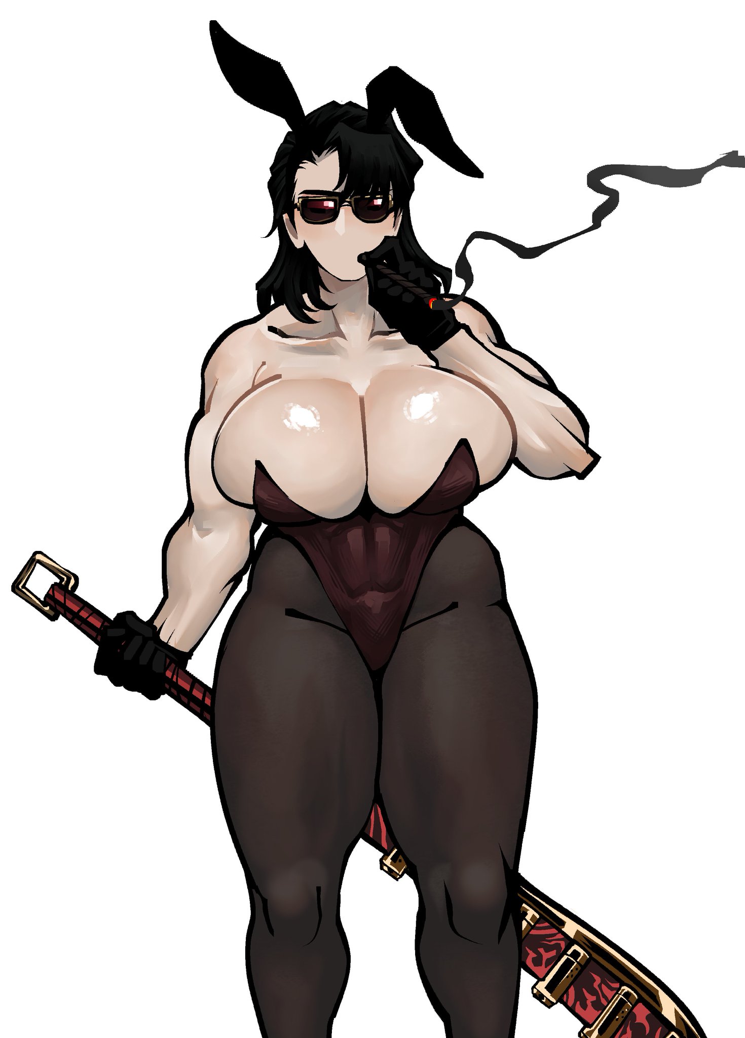 1girls, biceps, big ass, breasts bigger than head, bunny ears, bunnysuit, eclipseecliptus, female focus, female only, genderbend, genderswap, glasses, huge breasts, limbus company, meursault (limbus company), muscular, muscular arms, muscular female, pantyhose, project moon, rule 63, shiny skin, skimpy, skimpy clothes, smoking, smoking cigarette, solo, solo female, sword, thick thighs, thunder thighs, white background, wide hips