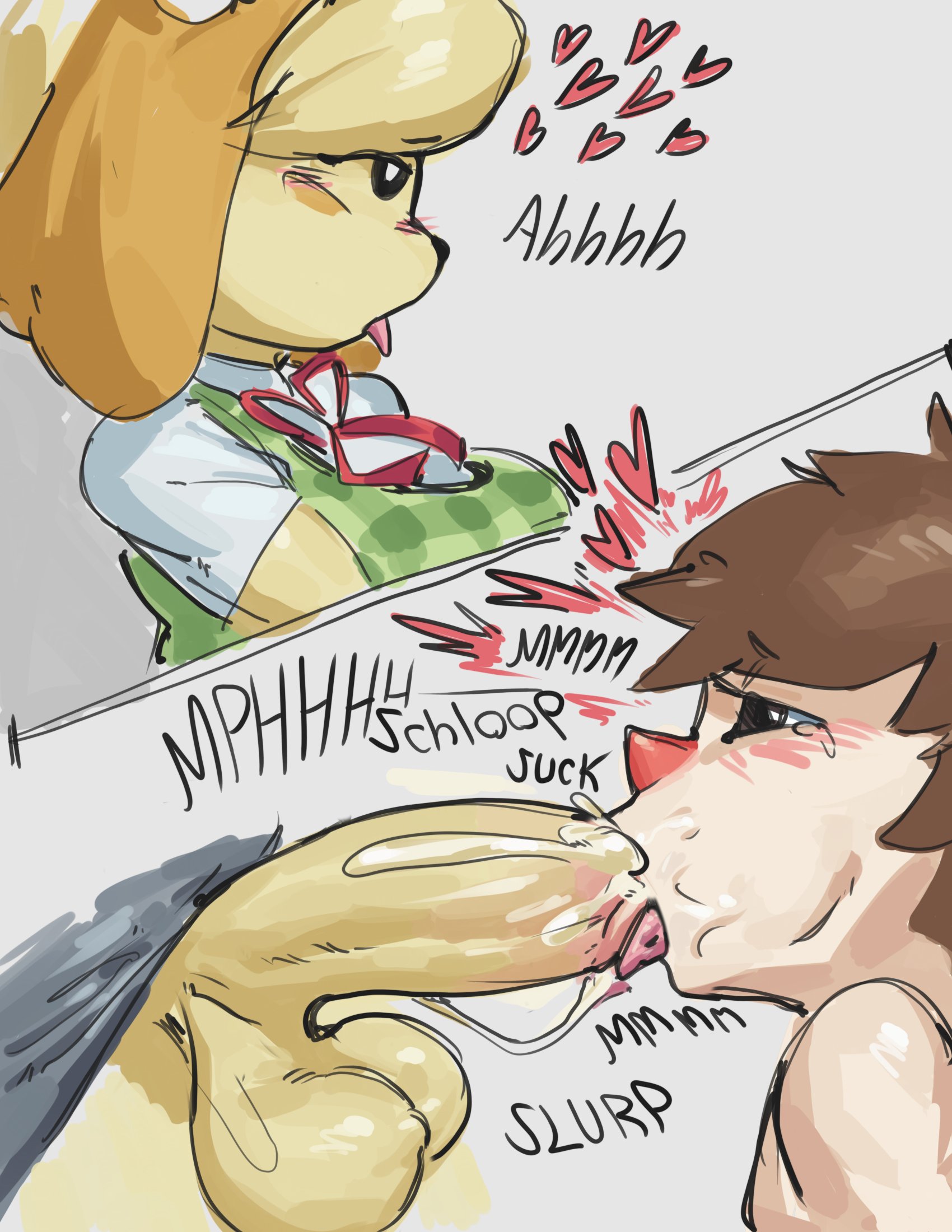 1boy, 1futa, alternate version available, animal crossing, anthro, balls, big balls, big breasts, big penis, blowjob, blush, breasts, brown hair, clothed futa nude male, clothing, cum, cum in mouth, cum inside, dialogue, dog, fasstart, fellatio, furry, furry on human, futa on male, futanari, huge ass, huge cock, isabelle (animal crossing), male sucking futa, mayor (animal crossing), nintendo, nude, nude male, oral, oral sex, penis, ponytail, villager (animal crossing)