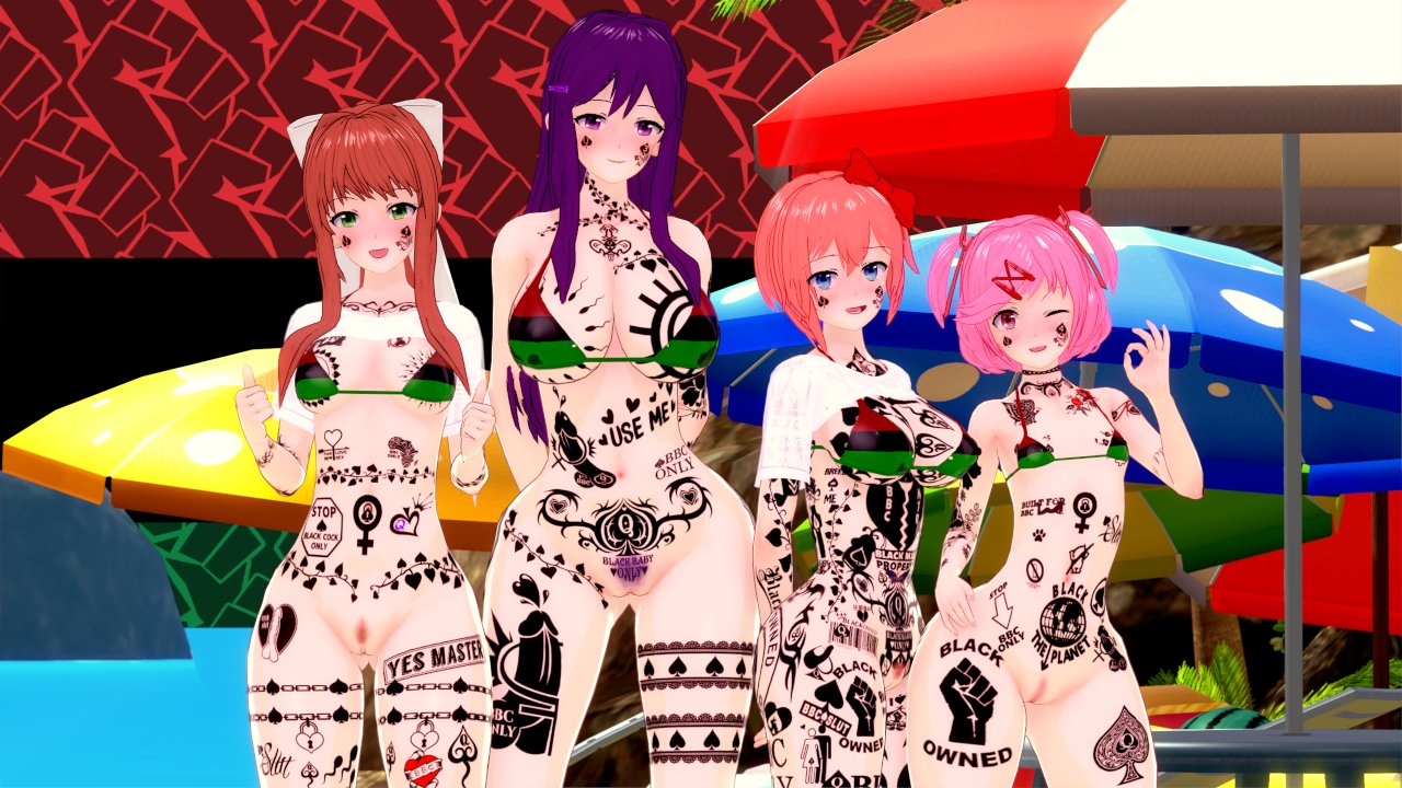 4girls, artist request, bikini, blacked, blacked clothing, doki doki literature club, monika (doki doki literature club), natsuki (doki doki literature club), pan-african flag bikini, queen of spades, queen of spades tattoo, sayori (doki doki literature club), swimsuit, swimwear, tattoo, yuri (doki doki literature club)