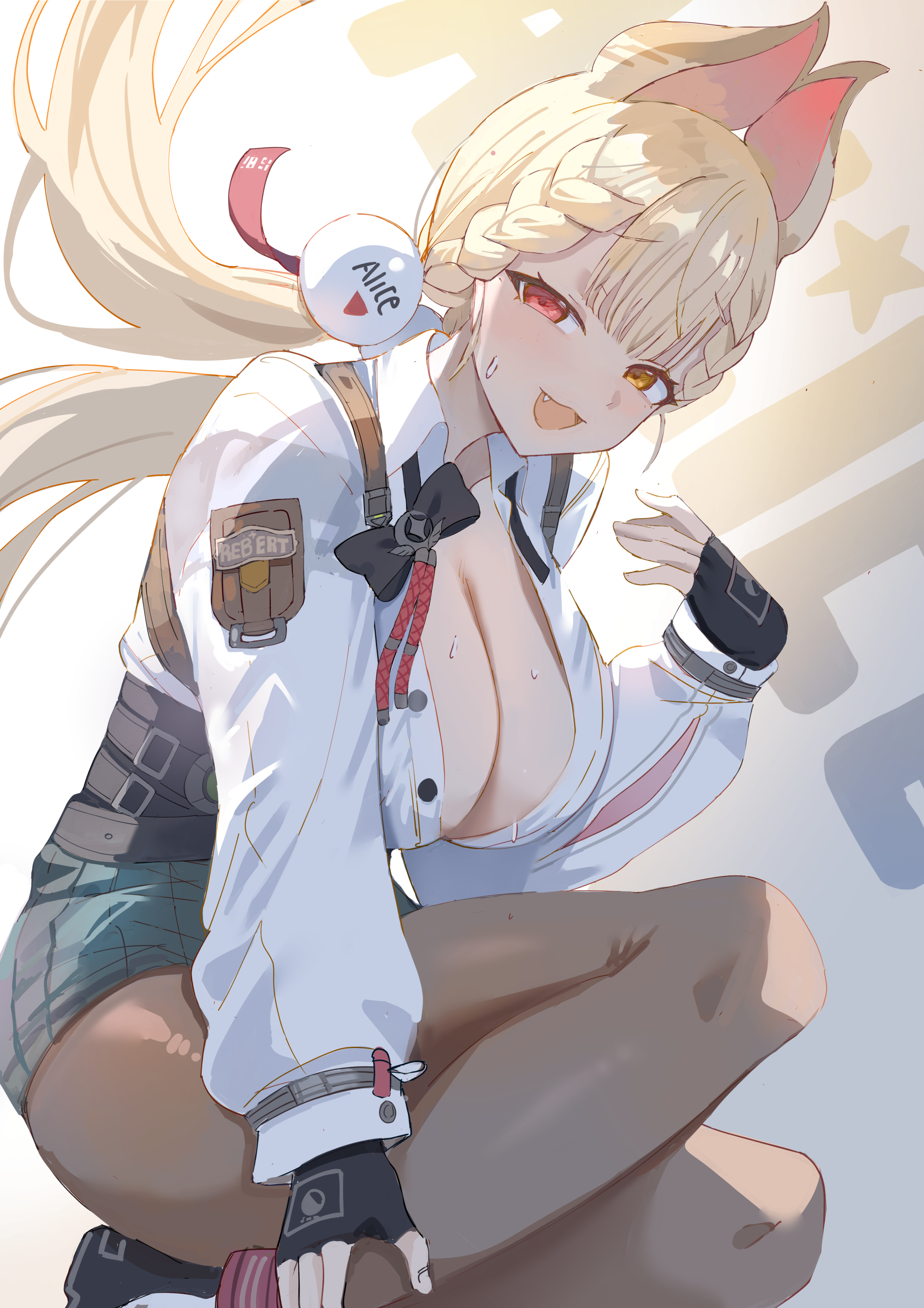 1girl, 1girls, alice thymefield, animal ears, bangs, big breasts, black gloves, blonde hair, blush, bow, braid, breasts, brown legwear, cleavage, fang, fingerless gloves, gloves, heterochromia, hoyoverse, large breasts, long hair, looking at viewer, mahou io, mihoyo, open mouth, pantyhose, ponytail, rabbit ears, rabbit girl, red eyes, smile, solo, star (symbol), sweat, zenless zone zero