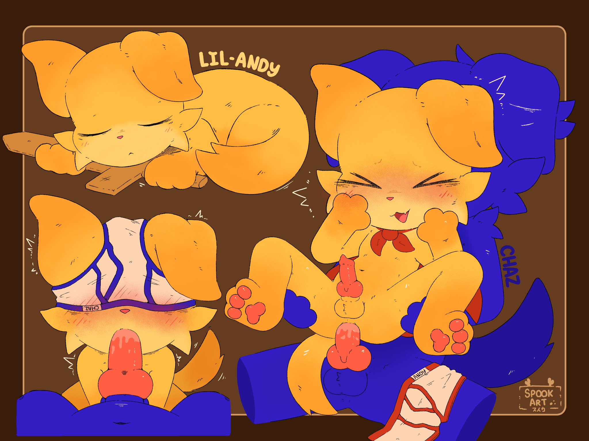 2boys, andy, anthro, anthro on anthro, anthro only, anthro penetrated, anthro penetrating, balls, ballsack, big penis, blue body, blue fur, blue underwear, blue undies, blush, blush lines, blushing, canid, canine, cape, chaz barkley, chaz barkley(bruce bronze), cub, dog, dog ears, dog tail, floppy ears, furry, furry male, furry only, knot, knotted penis, male, male cub, male only, mascot horror, pawpads, paws, red cape, red underwear, red undies, small penis, sucking, sucking penis, underwear, underwear on face, underwear on head, undies, yellow body, yellow fur, young, young anthro, young male, younger anthro, younger male