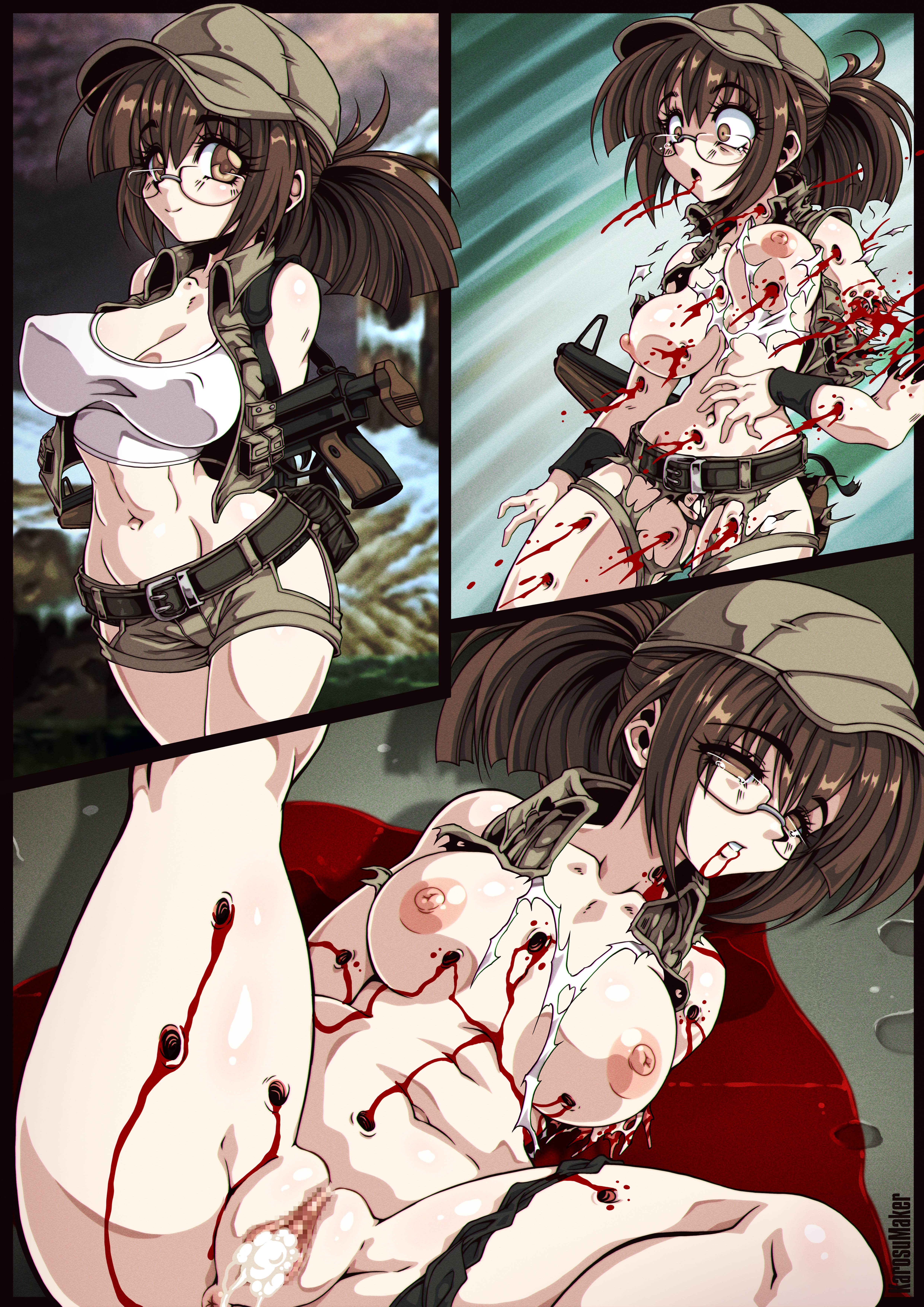 1boy, 1girls, after sex, baseball cap, blood, breasts, brown eyes, brown hair, bullet hole, corpse, crop top, cum, cum in pussy, cum inside, death, empty eyes, female death, fio germi, firing, glasses, gore, gun, guro, hat, karosu-maker, large breasts, metal slug, midriff, murder, navel, necrophilia, nipples, ponytail, round eyewear, sex, shooting, short shorts, shorts, snuff, soldier, solo, vaginal penetration, vest, weapon