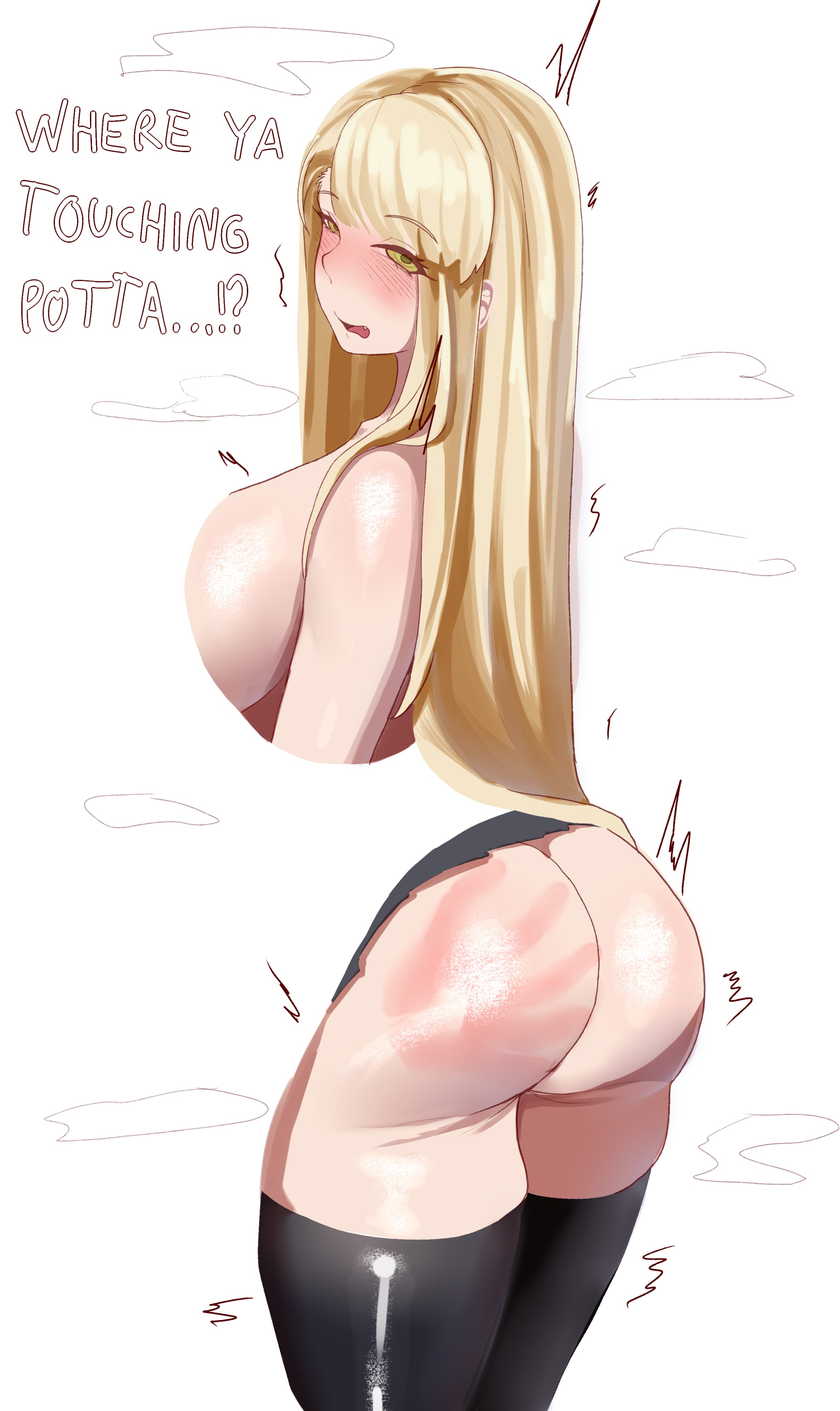 1girl, absurdres, anger vein, angry, areola slip, artist name, ass, black skirt, black thighhighs, blonde female, blonde hair, blush, blushing, breasts, cloak, closed eyes, collarbone, commentary, draco malfoy, draco malfoy (redteneri), earrings, english commentary, english text, exhibitionism, genderswap, genderswap (mtf), green eyes, hair over one eye, hand mark, harry potter, harry potter (series), hectaryecgaa, highres, huge breasts, inverted nipples, invisibility cloak, invisible, jewelry, large areolae, large breasts, long hair, looking at viewer, naked cloak, naked school attendance, navel, nude, one eye covered, preppy, public nudity, rule 63, simple background, single hair intake, skirt, solo, spanked, stomach, streaking, thighhighs, very long hair, white background, wizarding world