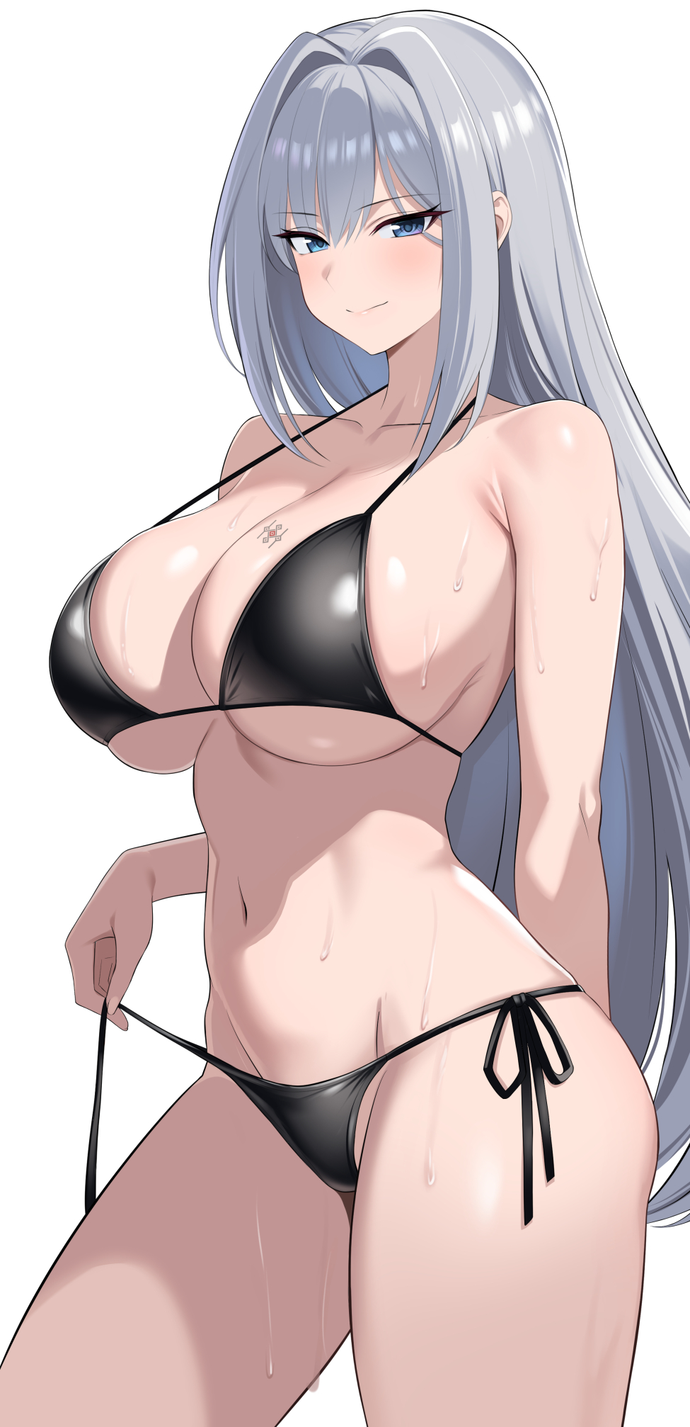 1girls, alternate costume, bikini, blue eyes, breasts, busty, busty female, colored, curvy, curvy figure, ethel (xenoblade), female, female only, huge breasts, long hair, looking at viewer, midriff, monolith soft, namu (112namu), navel, nintendo, revealing clothes, silver hair, smiling, smiling at viewer, swimsuit, tagme, taking clothes off, tattoo, thick thighs, thighs, water drop, wet, xenoblade (series), xenoblade chronicles 3
