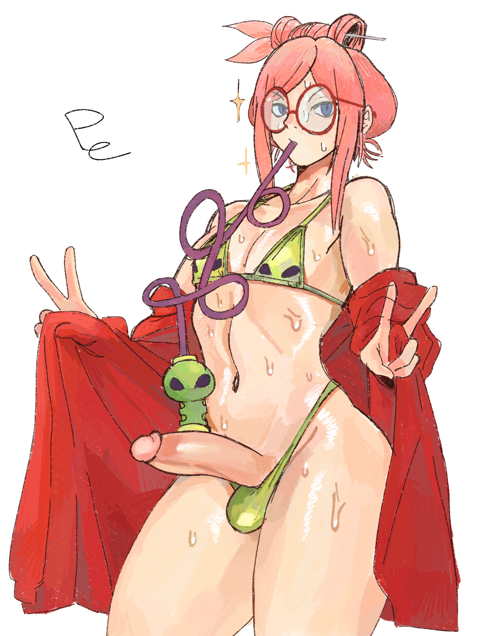 1boy, 1femboy, alien, alternate version available, bikini, blue eyes, boba tea challenge, bubble tea challenge, coat, drinking, emma (x-venture), femboy, femboy focus, femboy only, flat chest, glasses, green bikini, navel, panties, pattern bikini, peace sign, penis, penis out, pepponeppo, pink hair, red coat, rule 63, silly straw, solo, straw, sweat, sweating, tagme, terran defenders, thick thighs, tied hair, tummy, undressing, x-venture
