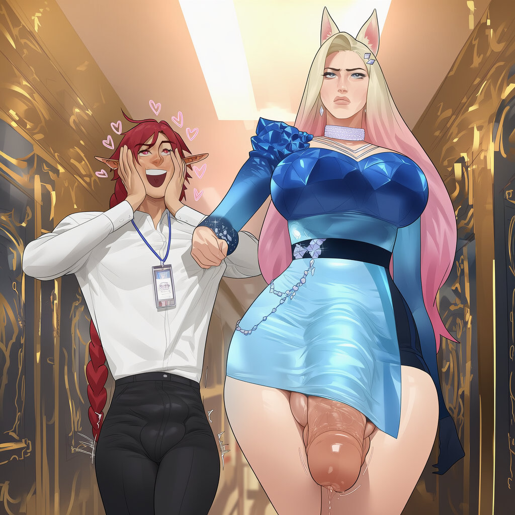 1boy, 1futa, absurdly large cock, ahri, ai generated, ass, balls, ballsack, big ass, big balls, big breasts, big butt, big dom small sub, big penis, big thighs, breasts, clothing, curvy, curvy figure, flaccid, flaccid penis, futa on male, futanari, highres, hips, holding hands, huge, huge ass, huge cock, huge penis, huge thighs, in love, k/da all out ahri, k/da all out series, league of legends, mommysai, oc, precum, precum drip, sexy, sexy body, small penis, sweat, sweaty, sweaty body, thick, thick ass, thick legs, thick thighs, thighs, voluptuous, voluptuous body, wide hips, wide thighs
