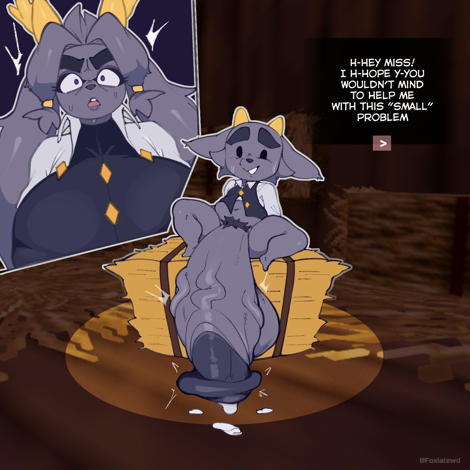 anthro, antlers, big breasts, big penis, biped, bodily fluids, bottomless, breasts, butler (pseudoregalia), clothed, clothing, cum, dialogue, duo, english text, eyelashes, female, foxialewd, genital fluids, genitals, glans, grey body, hi res, horn, huge breasts, huge penis, humanoid genitalia, humanoid penis, hyper, hyper genitalia, hyper penis, jackalope, lagomorph, male, male focus, mammal, penis, pseudoregalia, pubes, pupils, small but hung, smile, sybil (pseudoregalia), text, vein, veiny penis