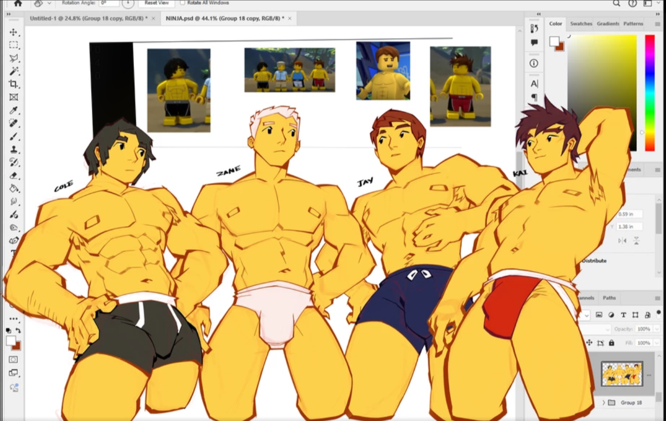 4boys, abs, armpit hair, armpits, bara, bathing suit, biceps, black hair, brown hair, cole (ninjago), color, colored, gay, gay male, hair, hair ornament, jay (ninjago), jockstrap, kai (ninjago), lego, male, male only, muscular, muscular male, ninja, ninjago, reddsiram, sixpack, white hair, yaoi, yellow body, zane (ninjago)