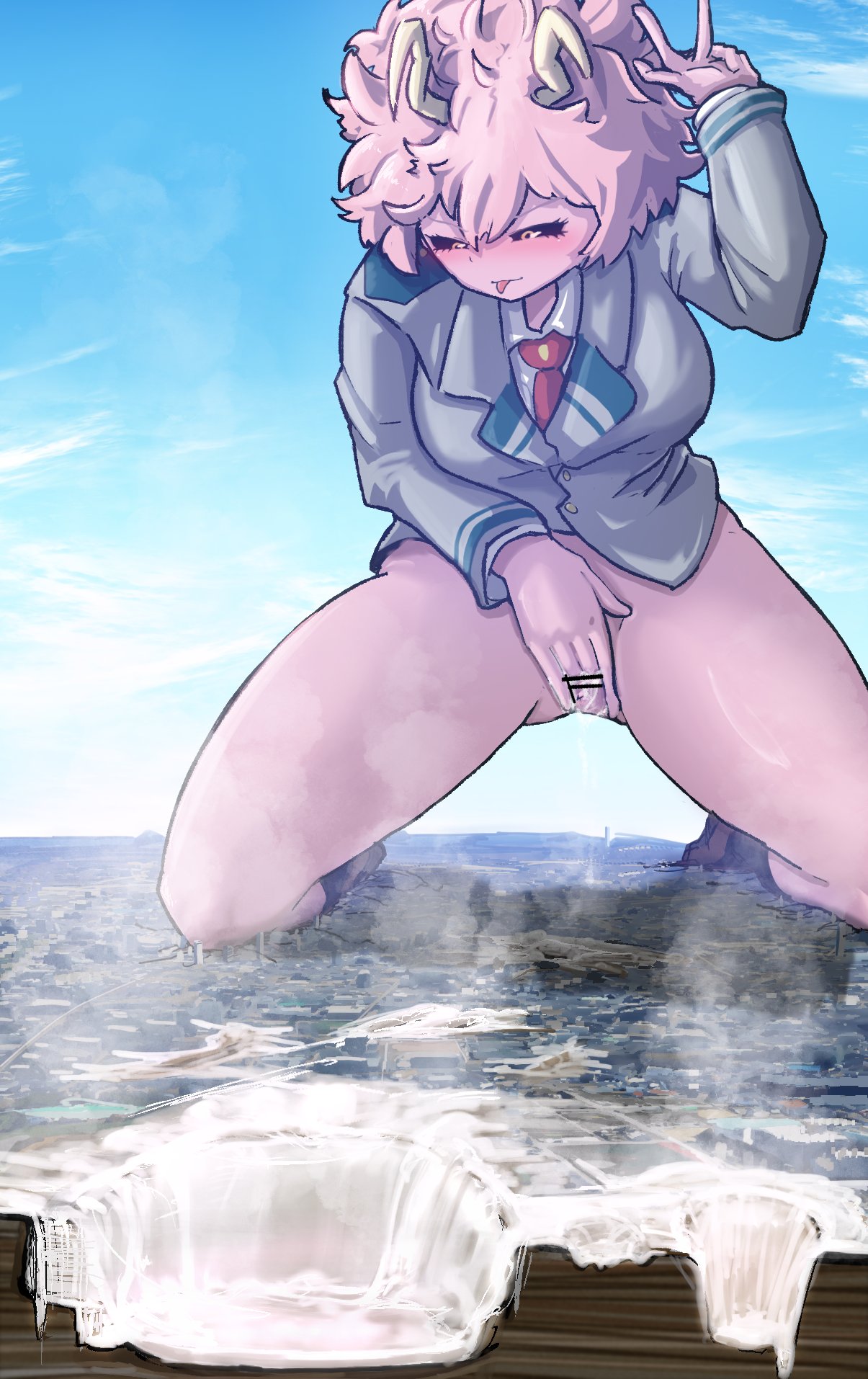 acid, city, cum, cum flood, destruction, ejaculation, female ejaculation, giantess, kneeling, macro, masturbating, masturbation, melting, mina ashido, my hero academia, pink hair, pink skin, squirting