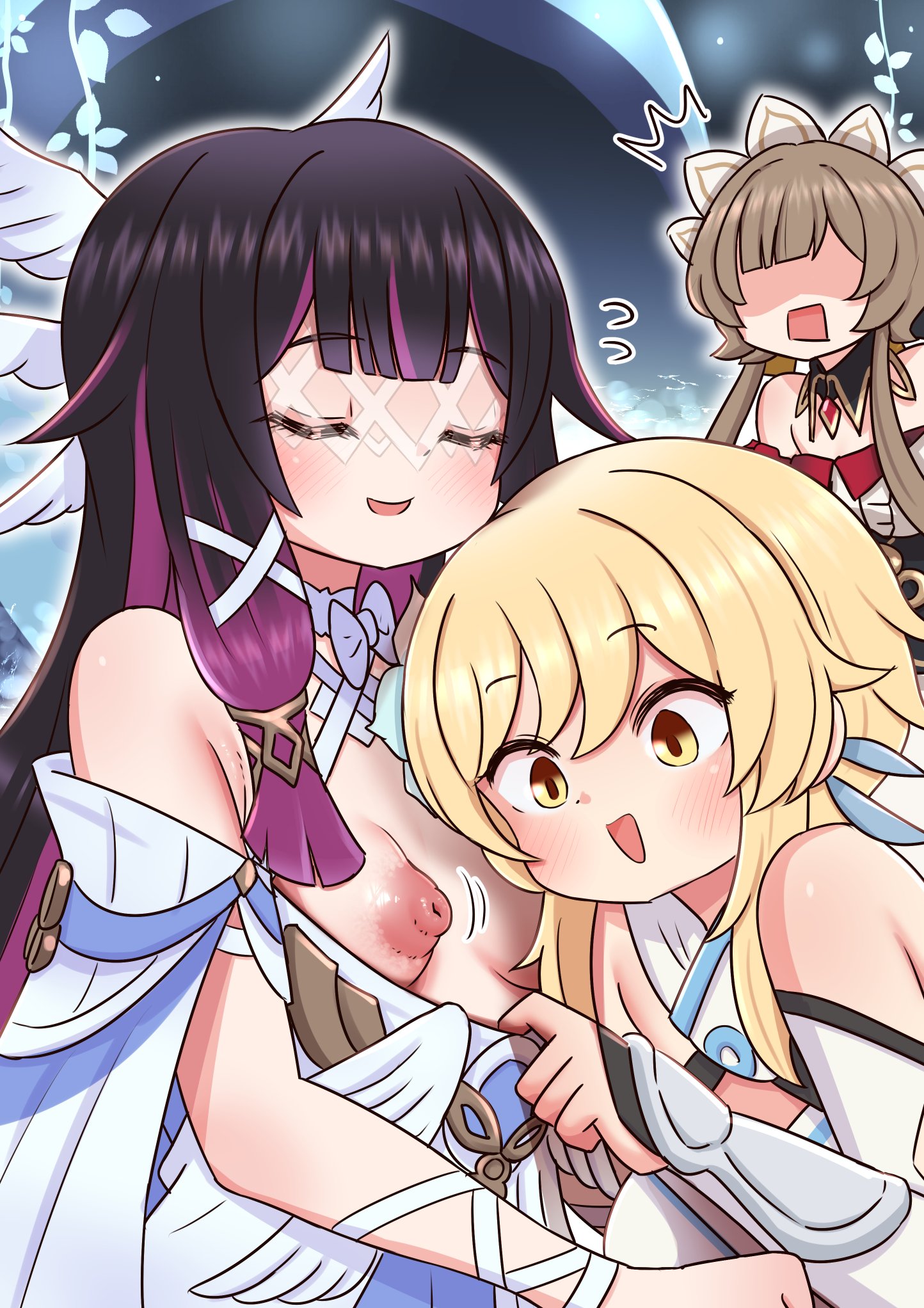 1futa, 2girls, blindfold, blonde hair, blush, breasts out, columbina (genshin impact), female, futanari, genshin impact, hoyoverse, lemon snail, lumine (genshin impact), maid headdress, mihoyo, sandrone (genshin impact)