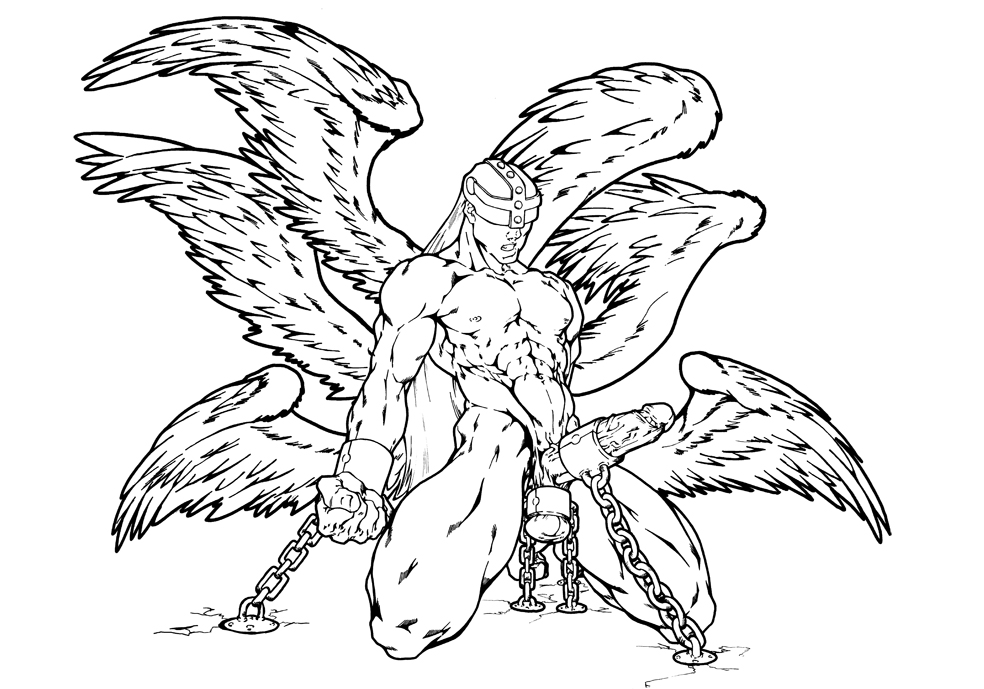 abs angemon bound digimon erection kneeling line_art male male_only monochrome muscles nude penis solo tagme