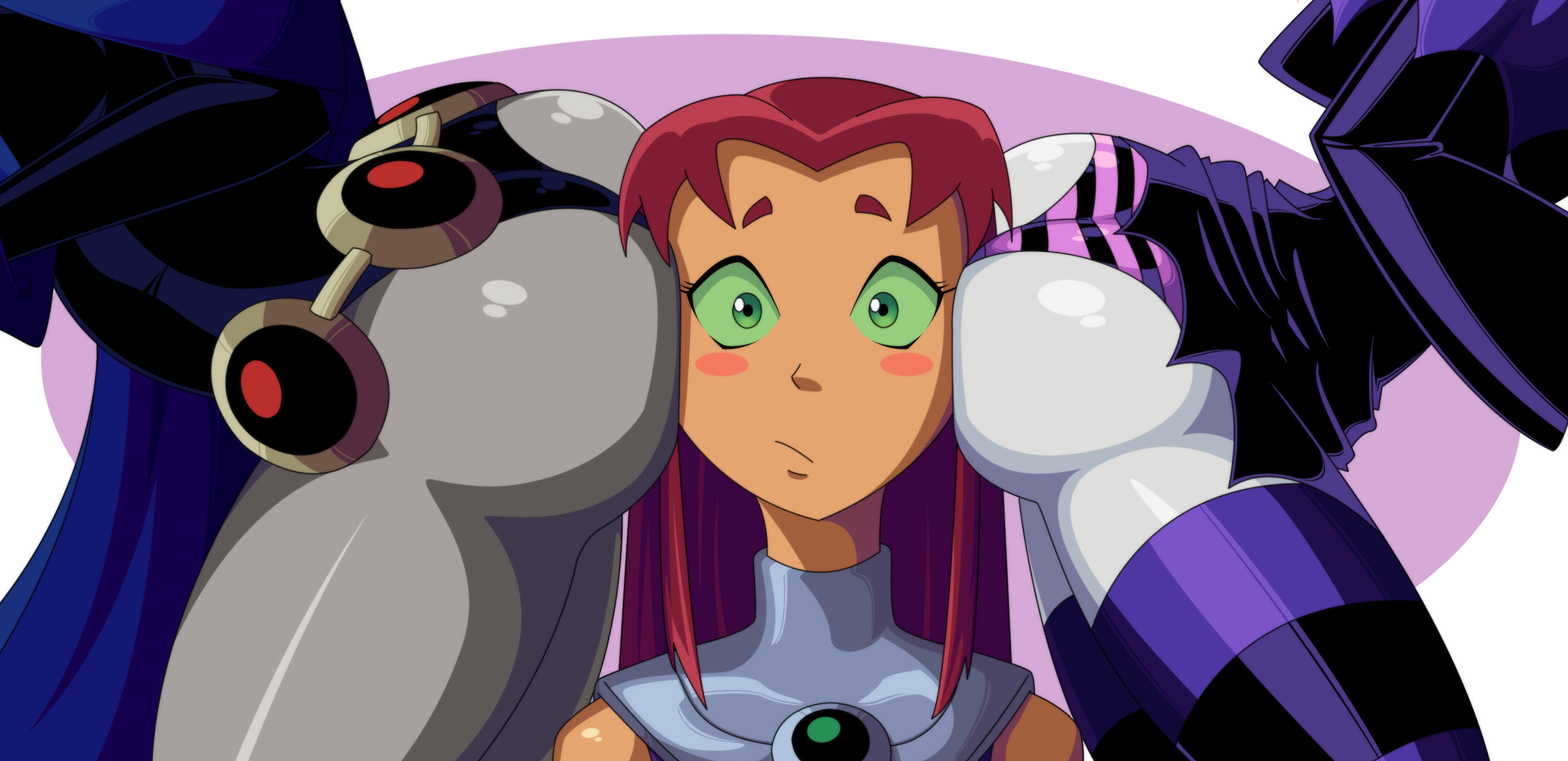 3girls, ass, belt, clothing, dc, dc comics, facesitting sandwich, female, female face near ass, female only, footwear, grey body, grey skin, grey-skinned female, hi res, highres, huge ass, jinx (dc), koriand'r, multiple females, multiple girls, orange body, orange skin, orange-skinned female, outerwear, pink background, purple hair, purple-haired female, rachel roth, raven (dc), ravenravenraven, red hair, red-haired female, starfire, striped legwear, striped panties, tagme, teen titans, white background